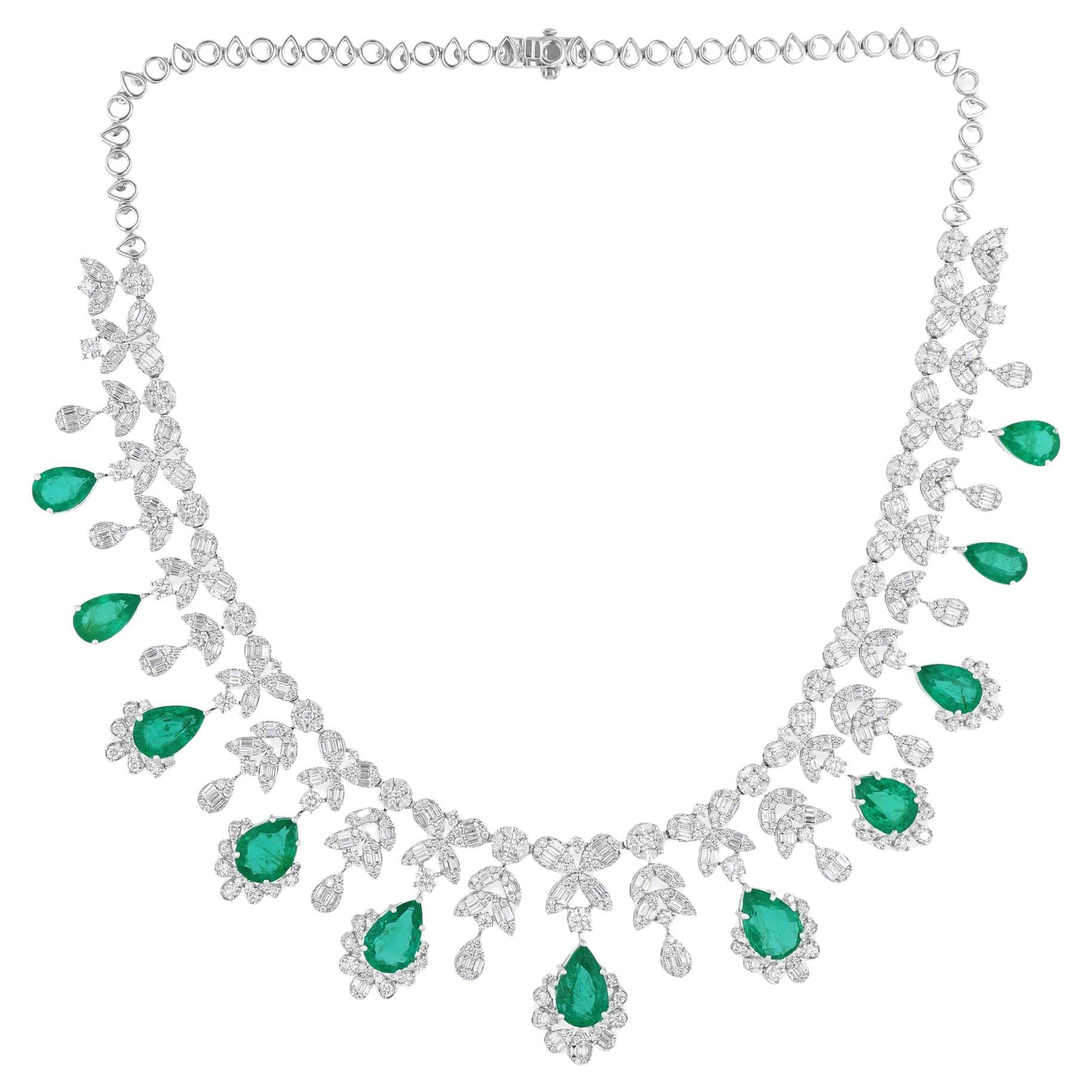 34.13TCW Pear Zambian Emerald Diamond Choker Necklace 18k White Gold Jewelry