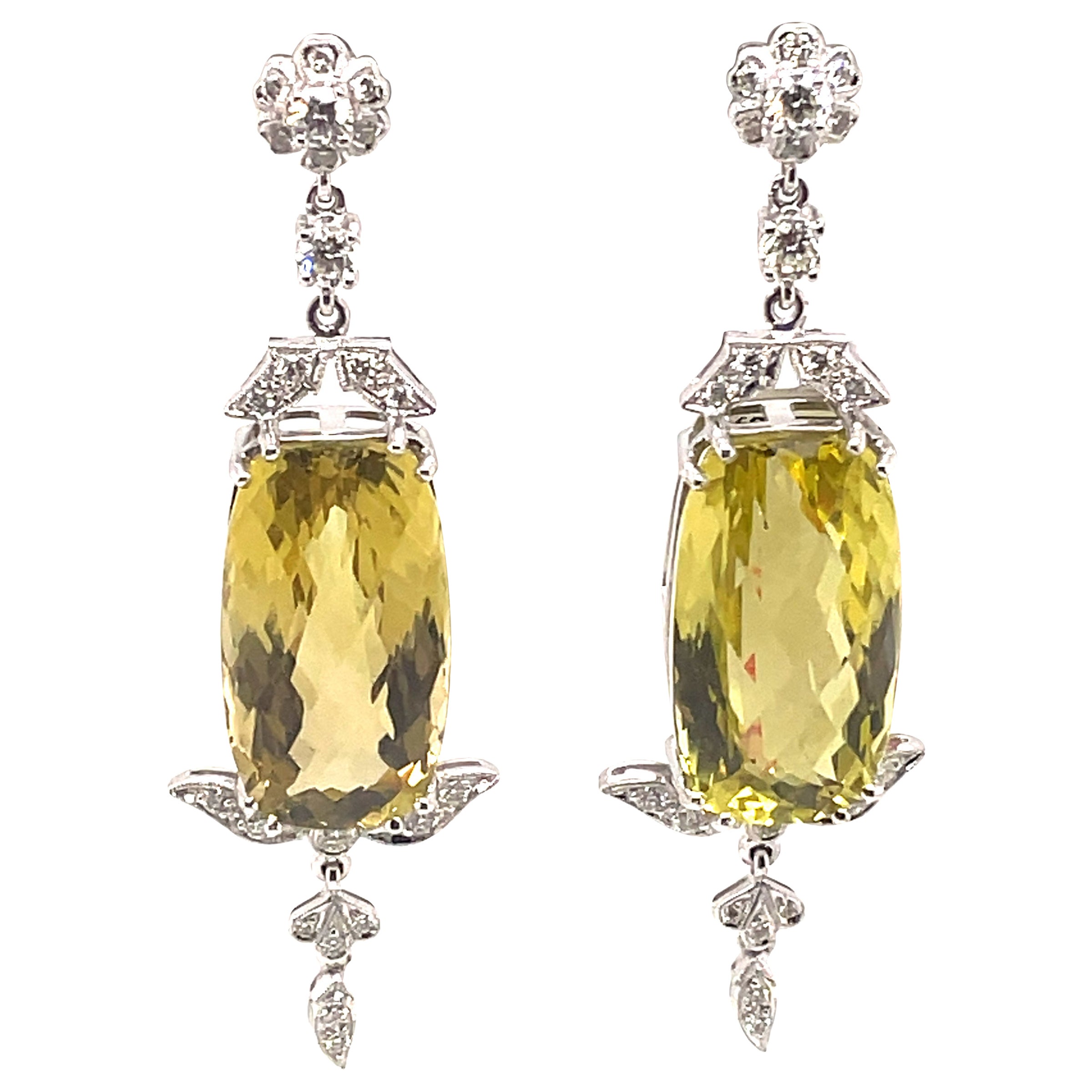34.18ct Lemon Quartz with Diamonds Earrings 18k White Gold For Sale