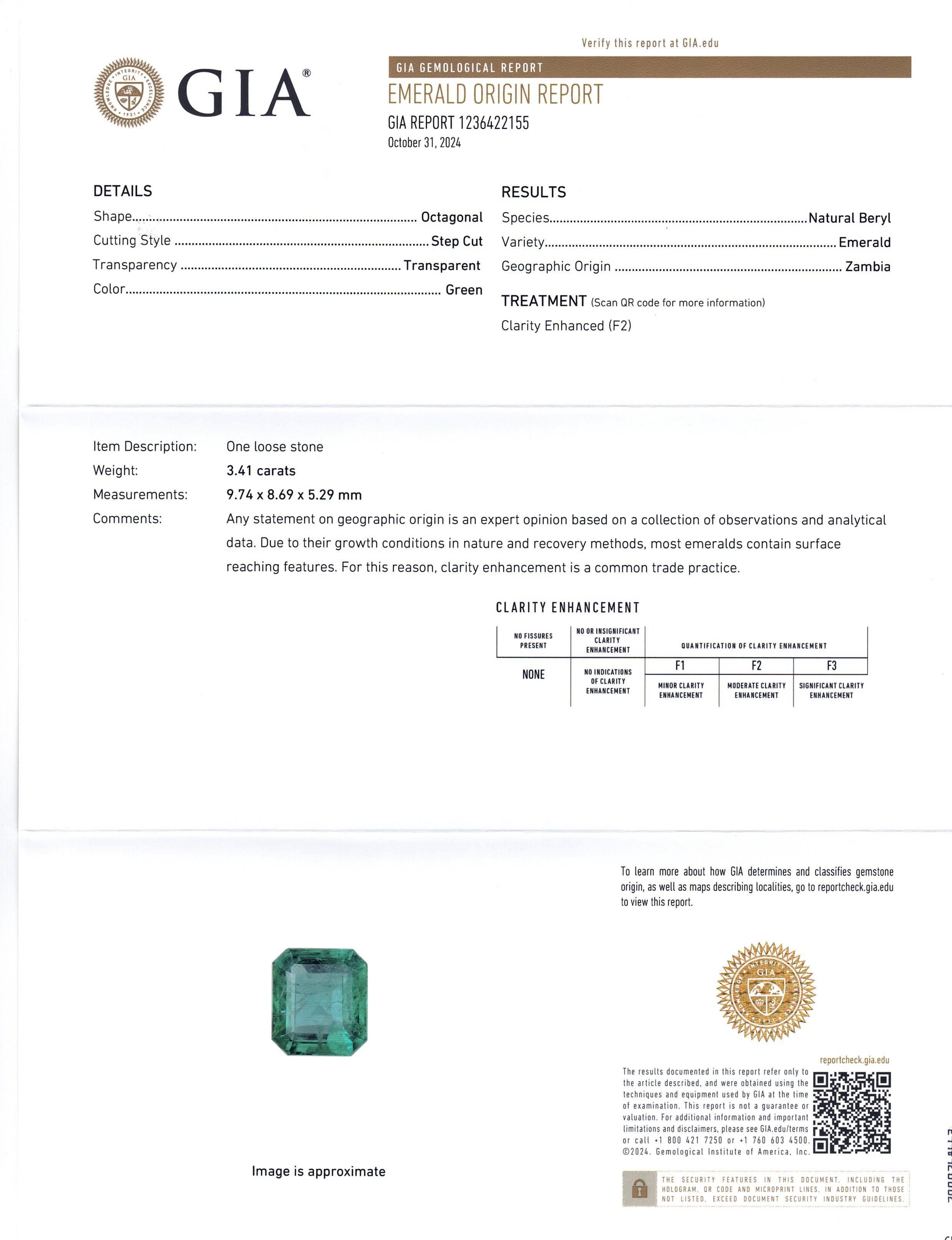 3,41 Karat Achteckiger/Emaragdschliff Grüner Smaragd GIA zertifiziert Zambia (F2) für Damen oder Herren im Angebot