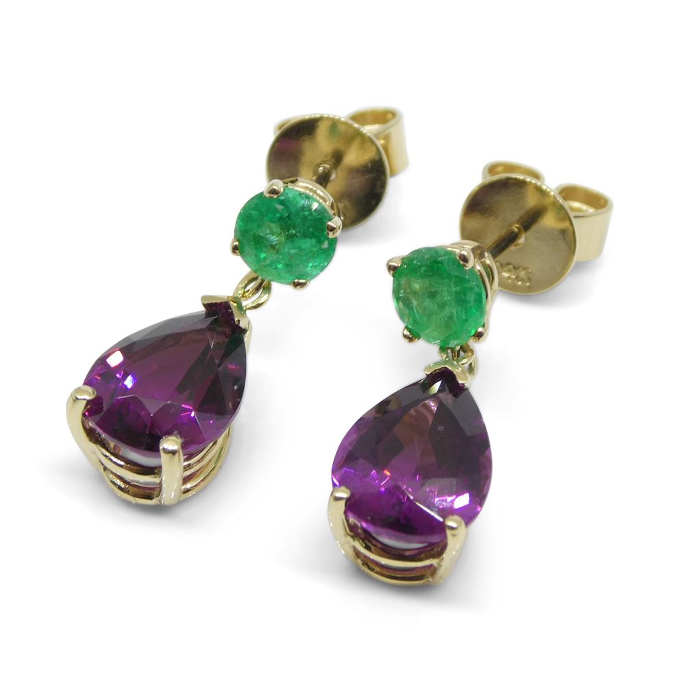 3.41ct Rhodolite Garnet & Emerald Earrings set in 14k Yellow Gold For Sale 4