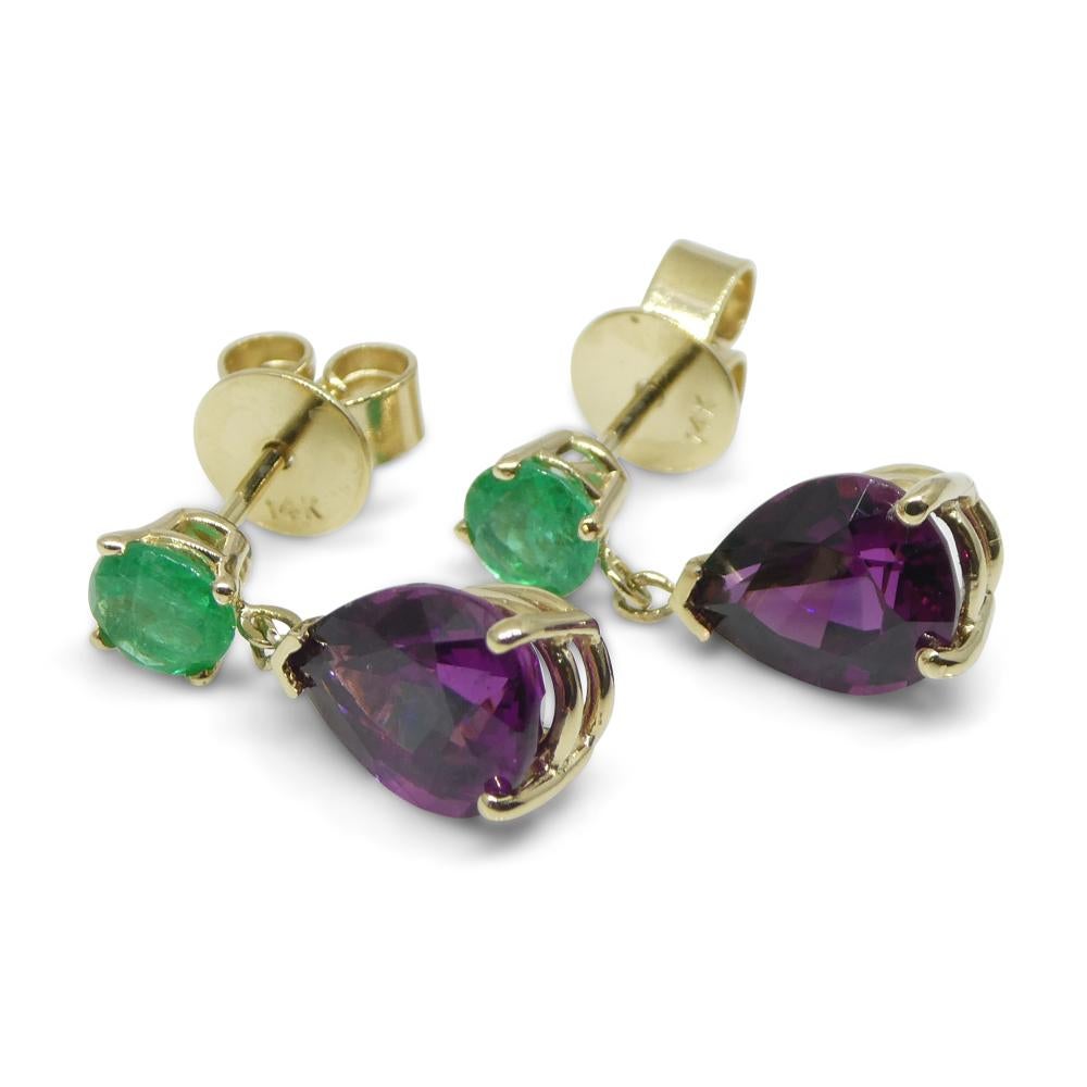 3.41ct Rhodolite Garnet & Emerald Earrings set in 14k Yellow Gold For Sale 7