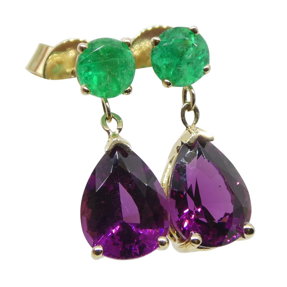 3.41ct Rhodolite Garnet & Emerald Earrings set in 14k Yellow Gold In New Condition For Sale In Toronto, Ontario