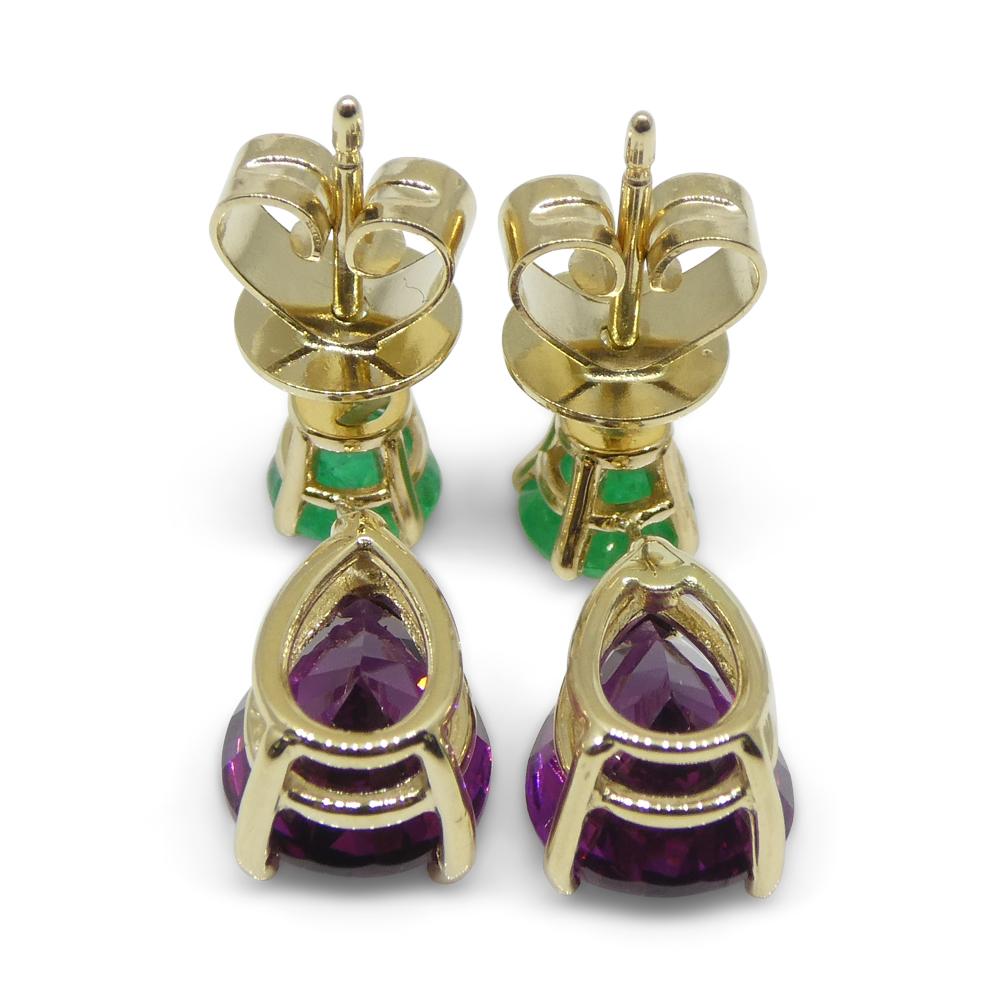 3.41ct Rhodolite Garnet & Emerald Earrings set in 14k Yellow Gold For Sale 2