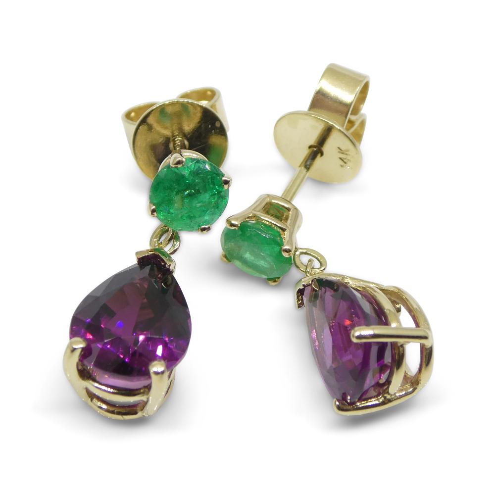 3.41ct Rhodolite Garnet & Emerald Earrings set in 14k Yellow Gold For Sale 3