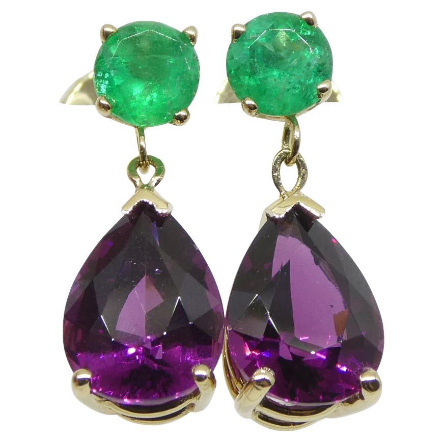 3.41ct Rhodolite Garnet & Emerald Earrings set in 14k Yellow Gold For Sale