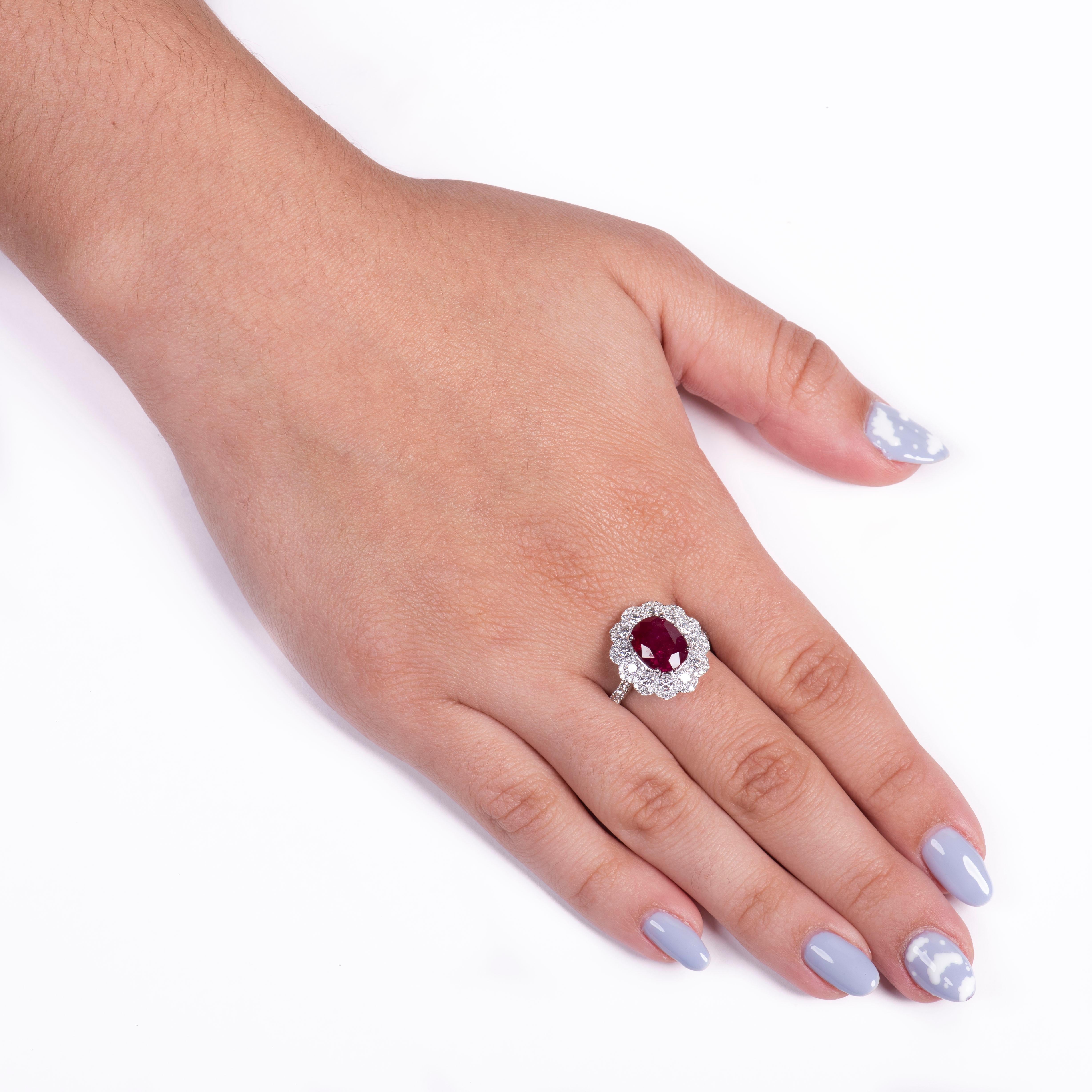 Oval Cut 3.41ct Thai Oval Ruby in 18k White Gold and 1.17ct Round Diamonds, GIA Report