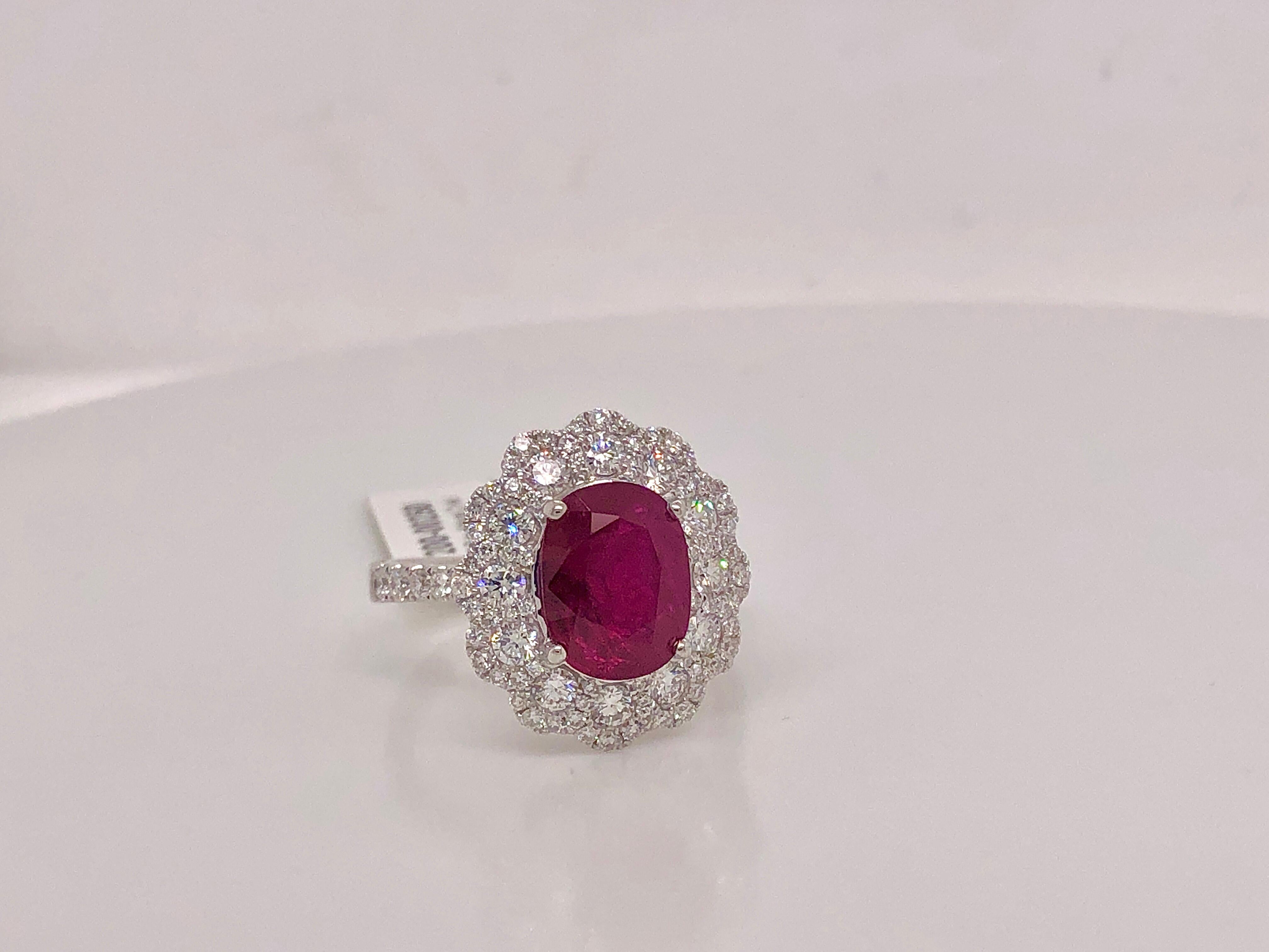 3.41ct Thai Oval Ruby in 18k White Gold and 1.17ct Round Diamonds, GIA Report In New Condition In Houston, TX