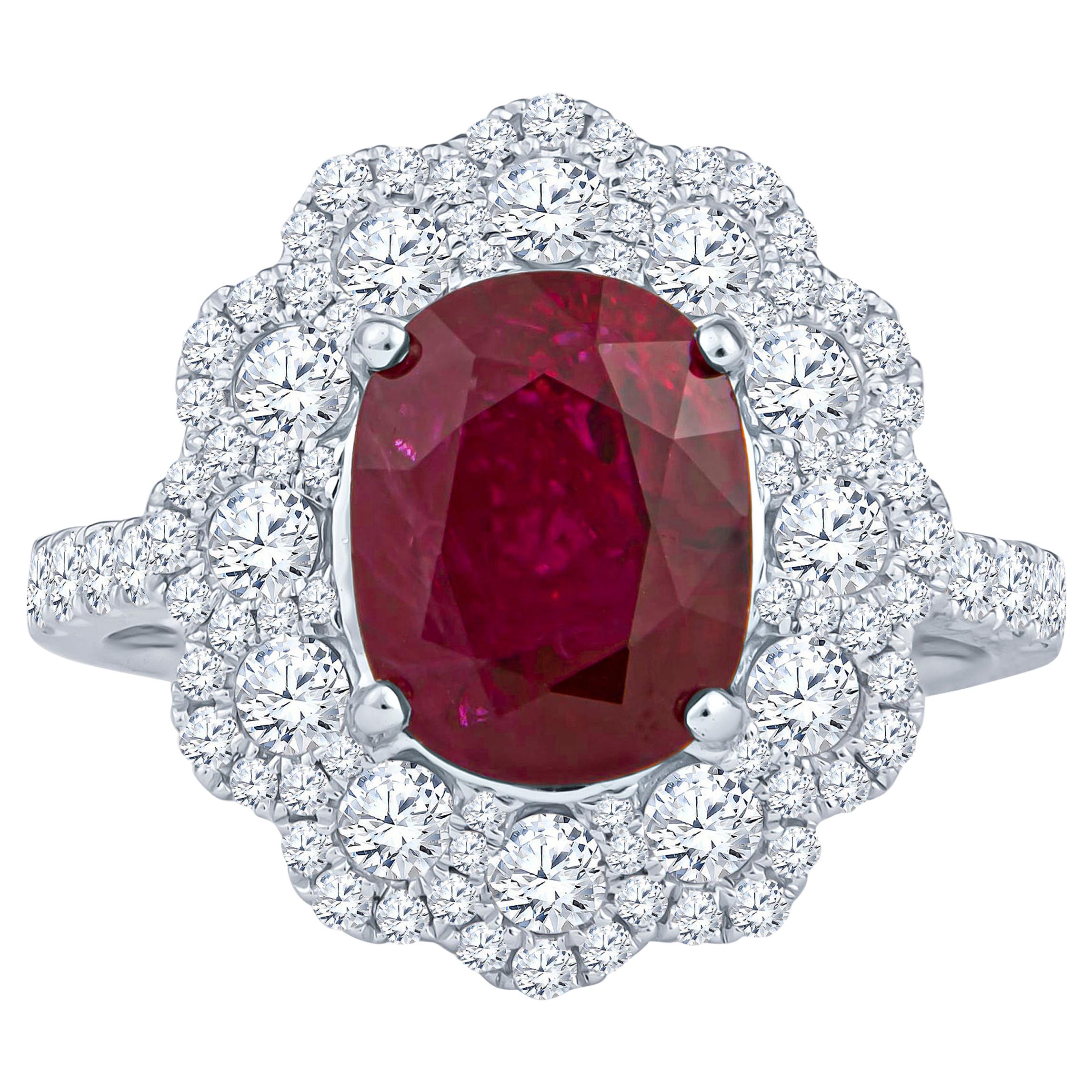 3.41ct Thai Oval Ruby in 18k White Gold and 1.17ct Round Diamonds, GIA Report