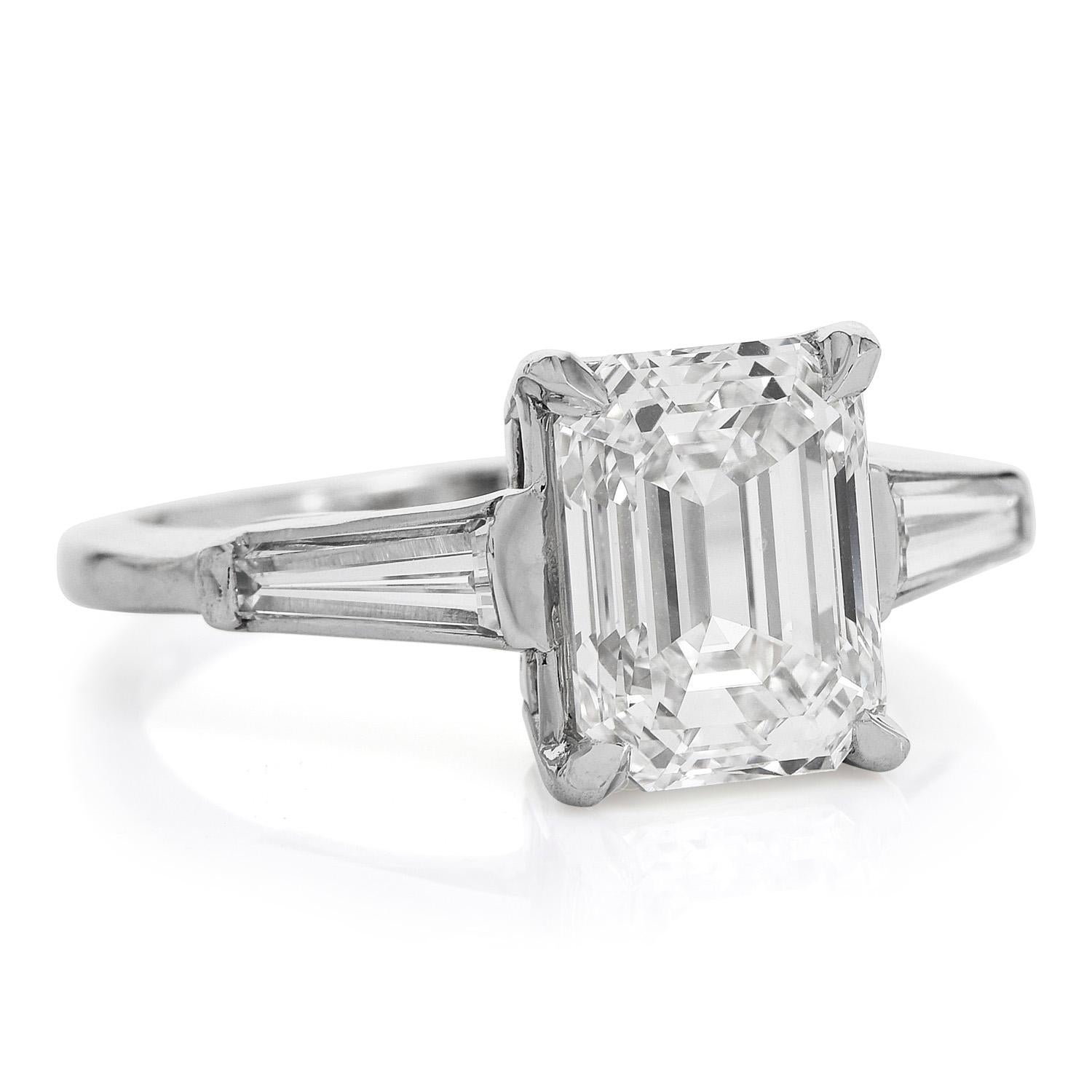 Modern 3.41cts GIA Emerald-Cut Diamond Baguette Platinum Engagement Ring For Sale