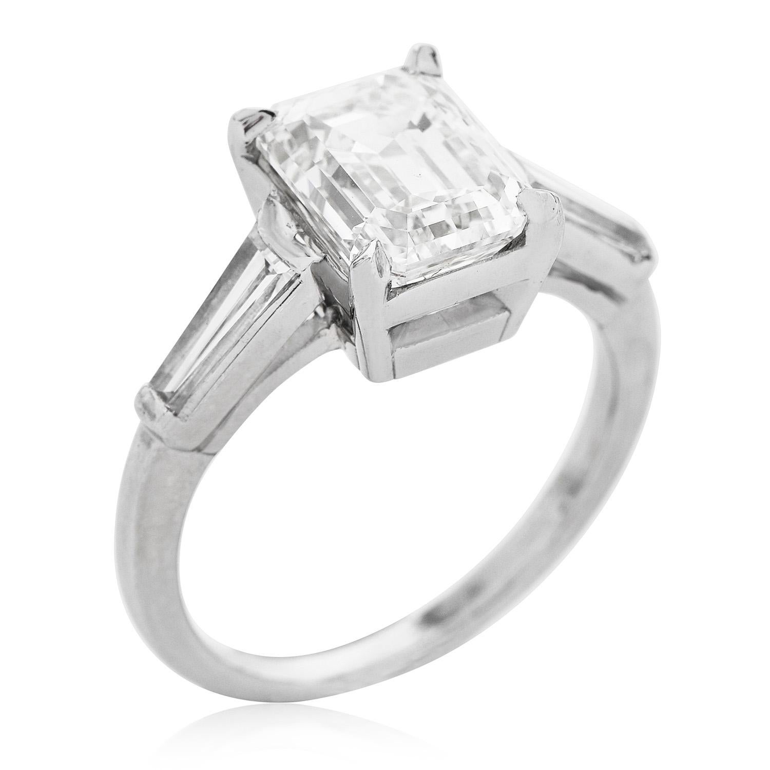 Emerald Cut 3.41cts GIA Emerald-Cut Diamond Baguette Platinum Engagement Ring For Sale