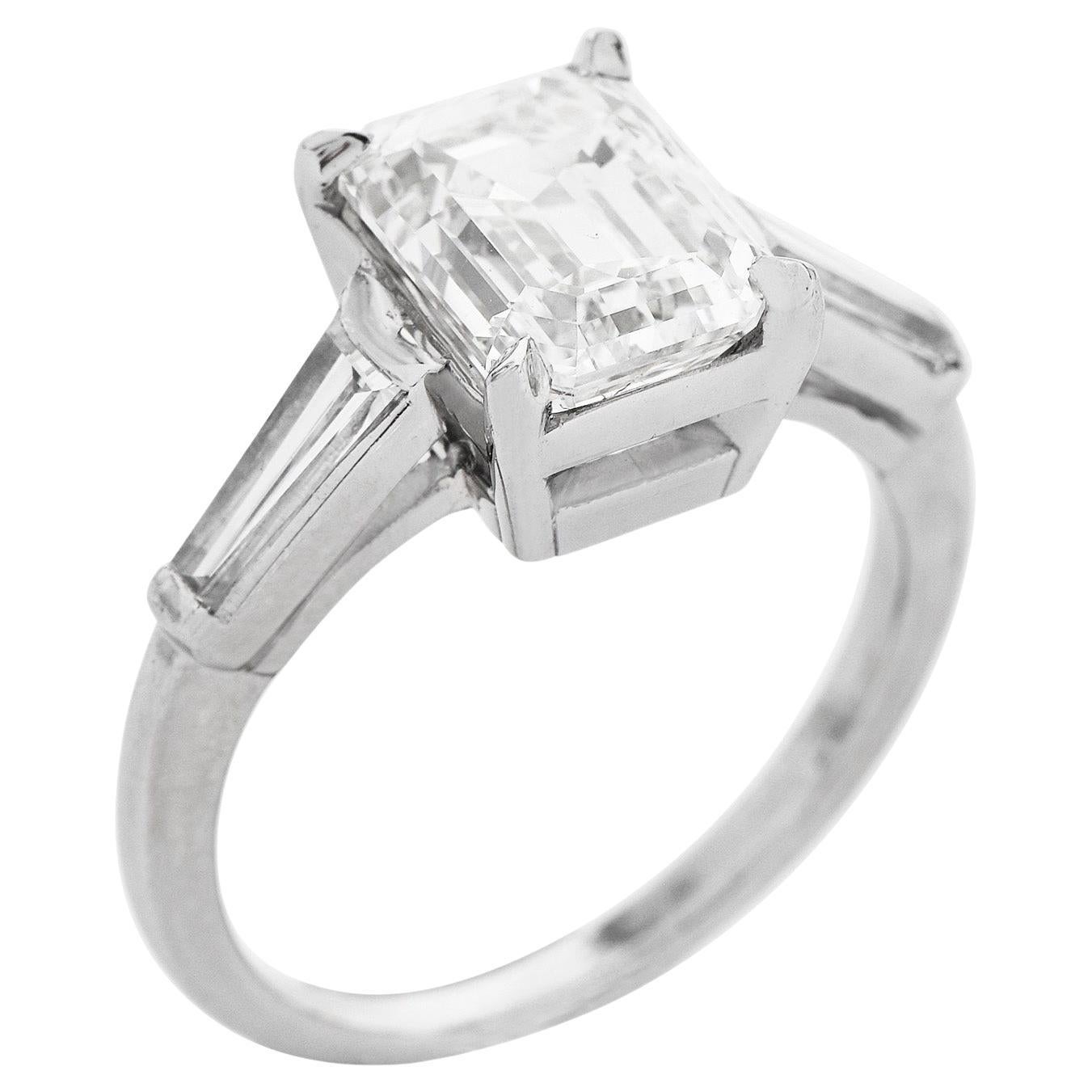 3.41cts GIA Emerald-Cut Diamond Baguette Platinum Engagement Ring For Sale