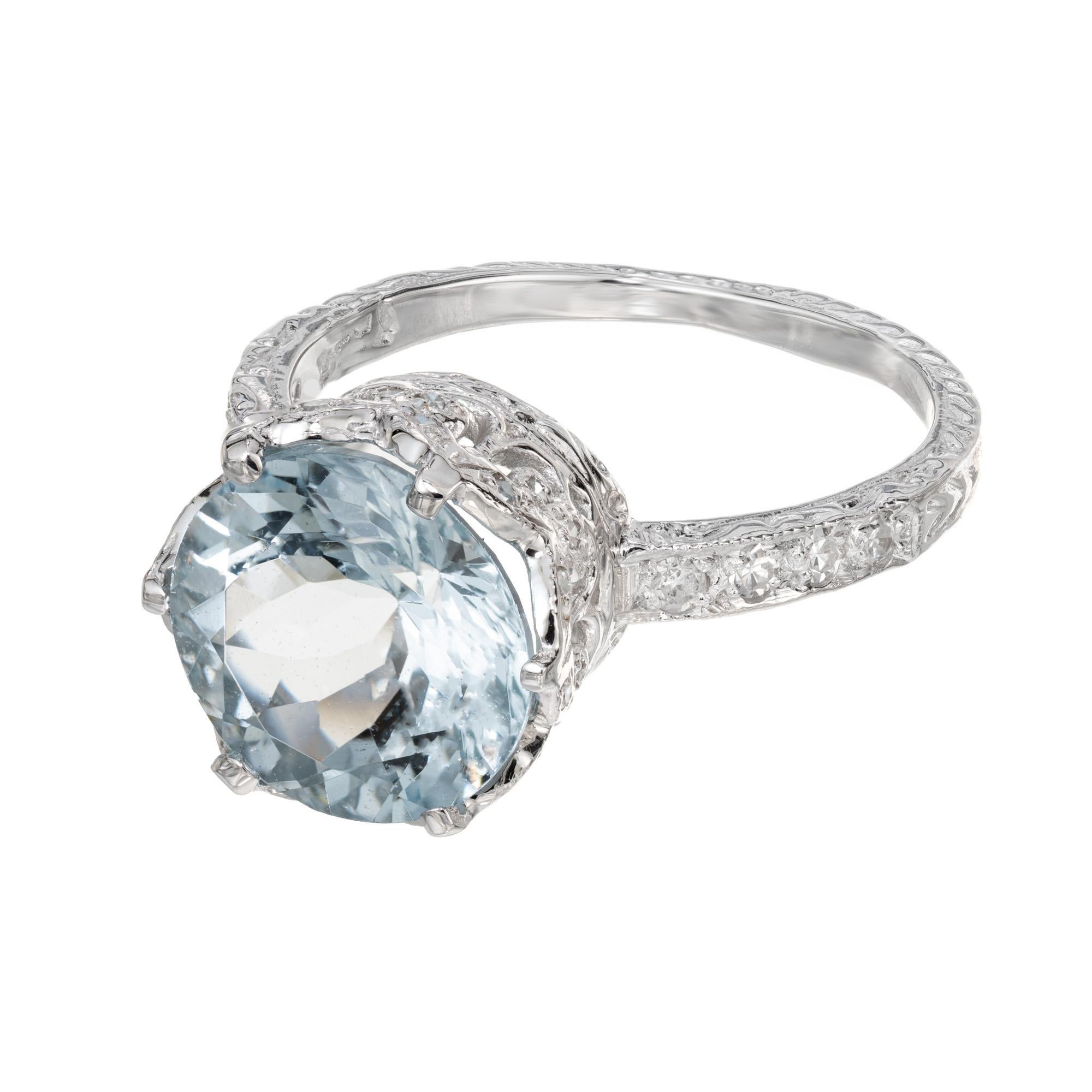 Round Cut 3.42 Carat Aquamarine Diamond Platinum Art Deco Crown Engagement Ring For Sale