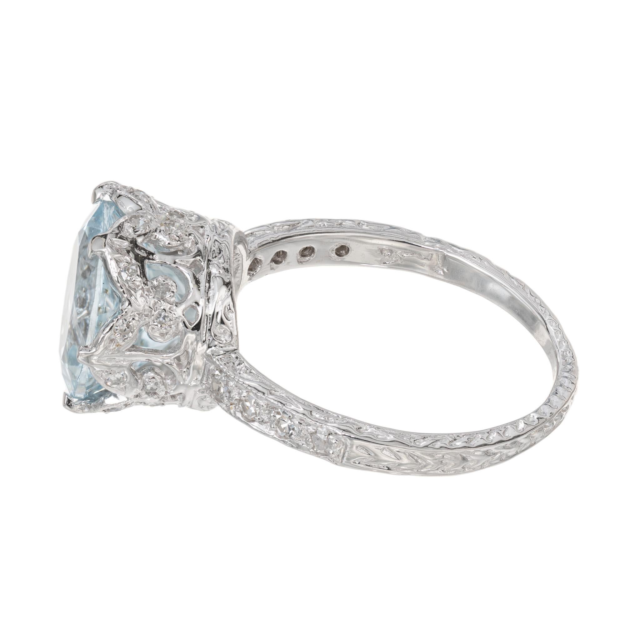 Women's 3.42 Carat Aquamarine Diamond Platinum Art Deco Crown Engagement Ring For Sale