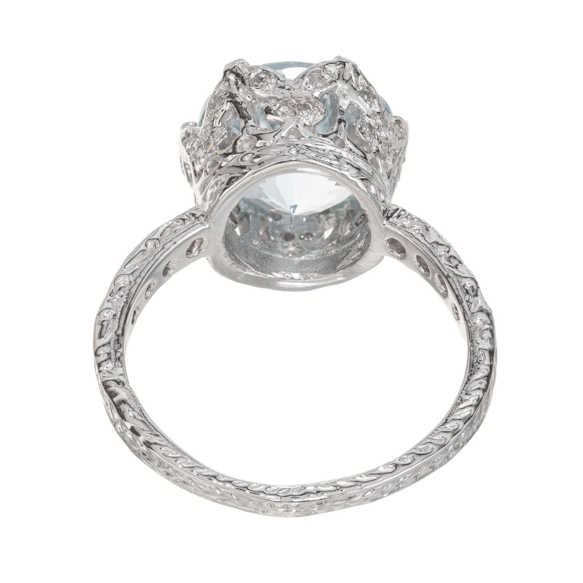3.42 Carat Aquamarine Diamond Platinum Art Deco Crown Engagement Ring For Sale 1