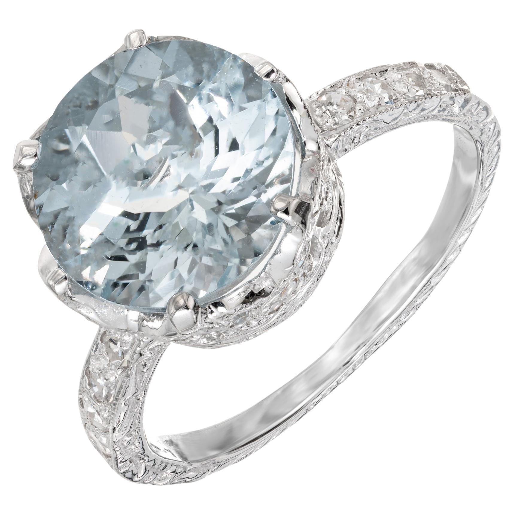 Verlobungsring, 3,42 Karat Aquamarin Diamant Platin Art Deco Krone im Angebot