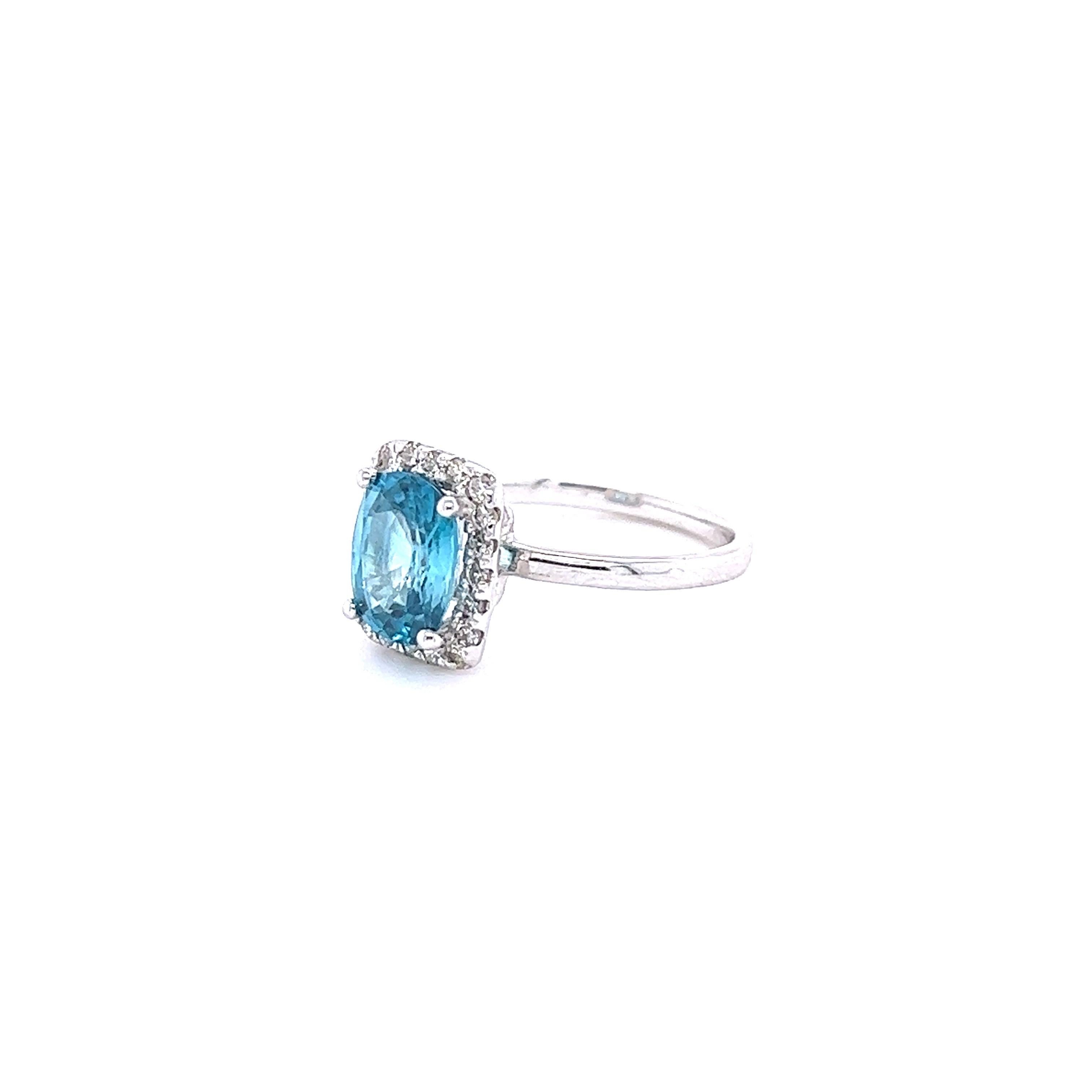 A beautiful Blue Zircon and Diamond ring that can be a nice Engagement ring or just an everyday ring!
Blue Zircon is a natural stone mined mainly in Sri Lanka, Myanmar, and Australia.  
This ring has a Oval Cut Blue Zircon that weighs 3.09 carats