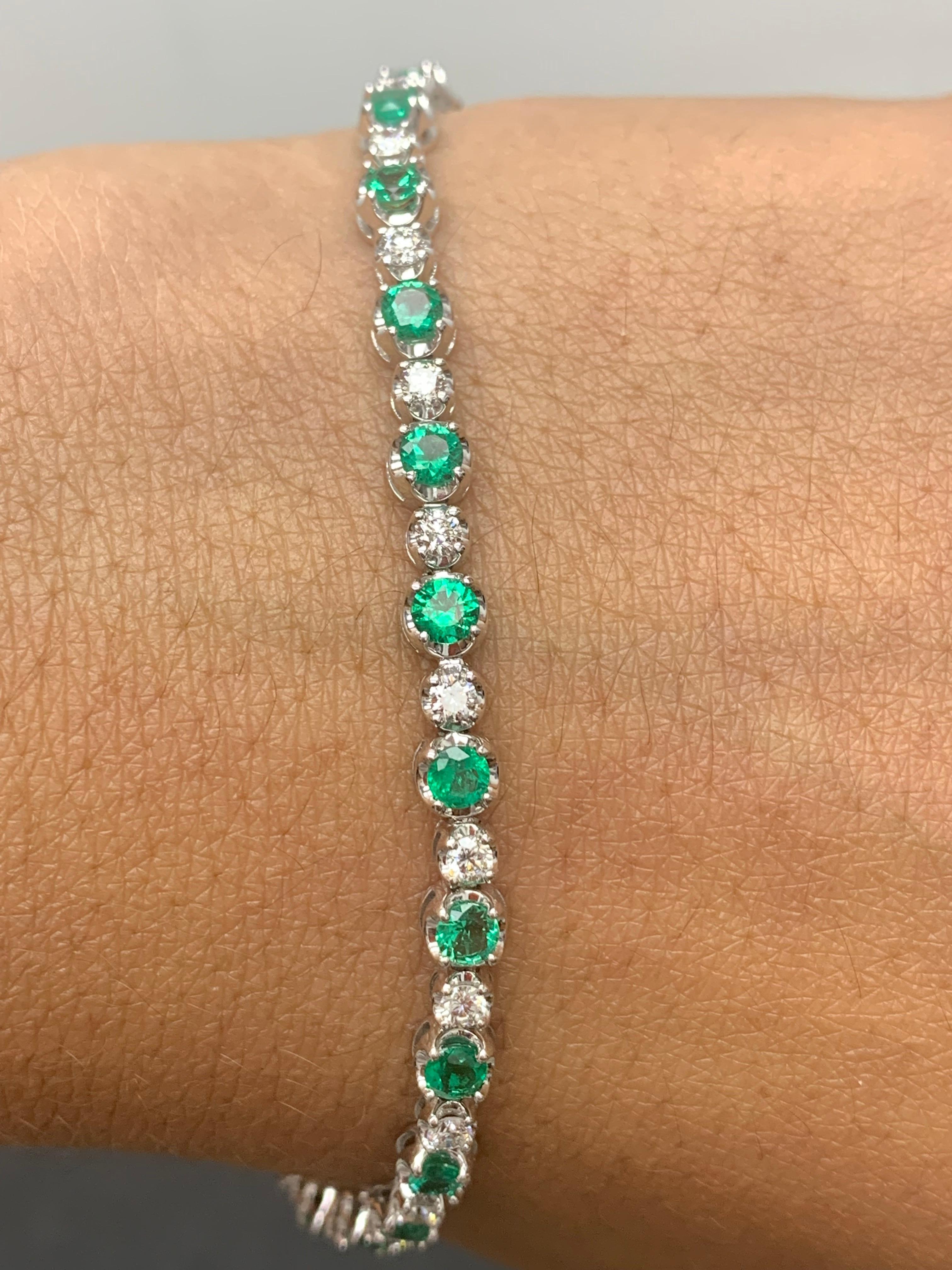 Modern 3.42 Carat Brilliant Cut Emerald and Diamond Bracelet in 14k White Gold For Sale