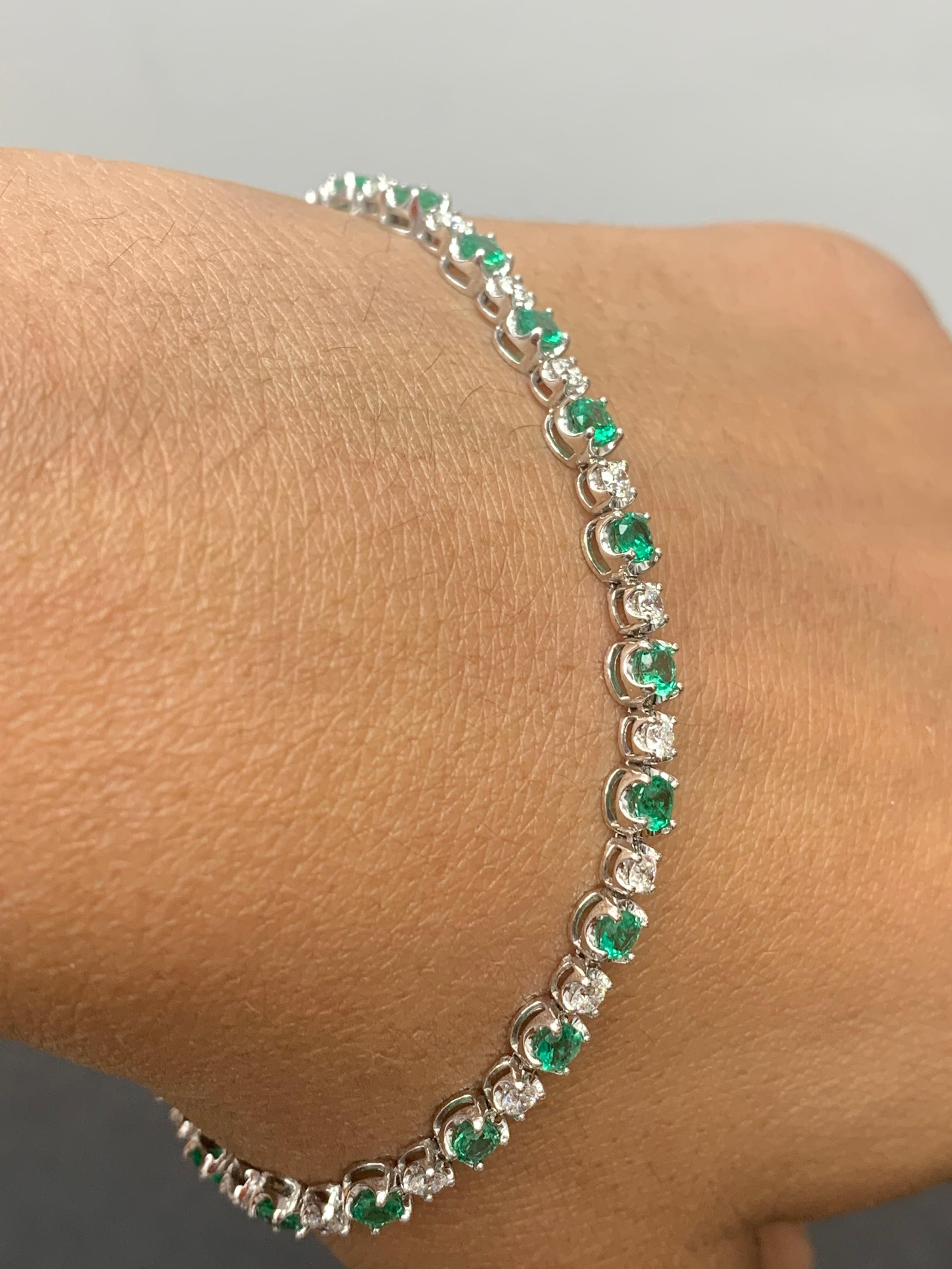 Women's 3.42 Carat Brilliant Cut Emerald and Diamond Bracelet in 14k White Gold For Sale