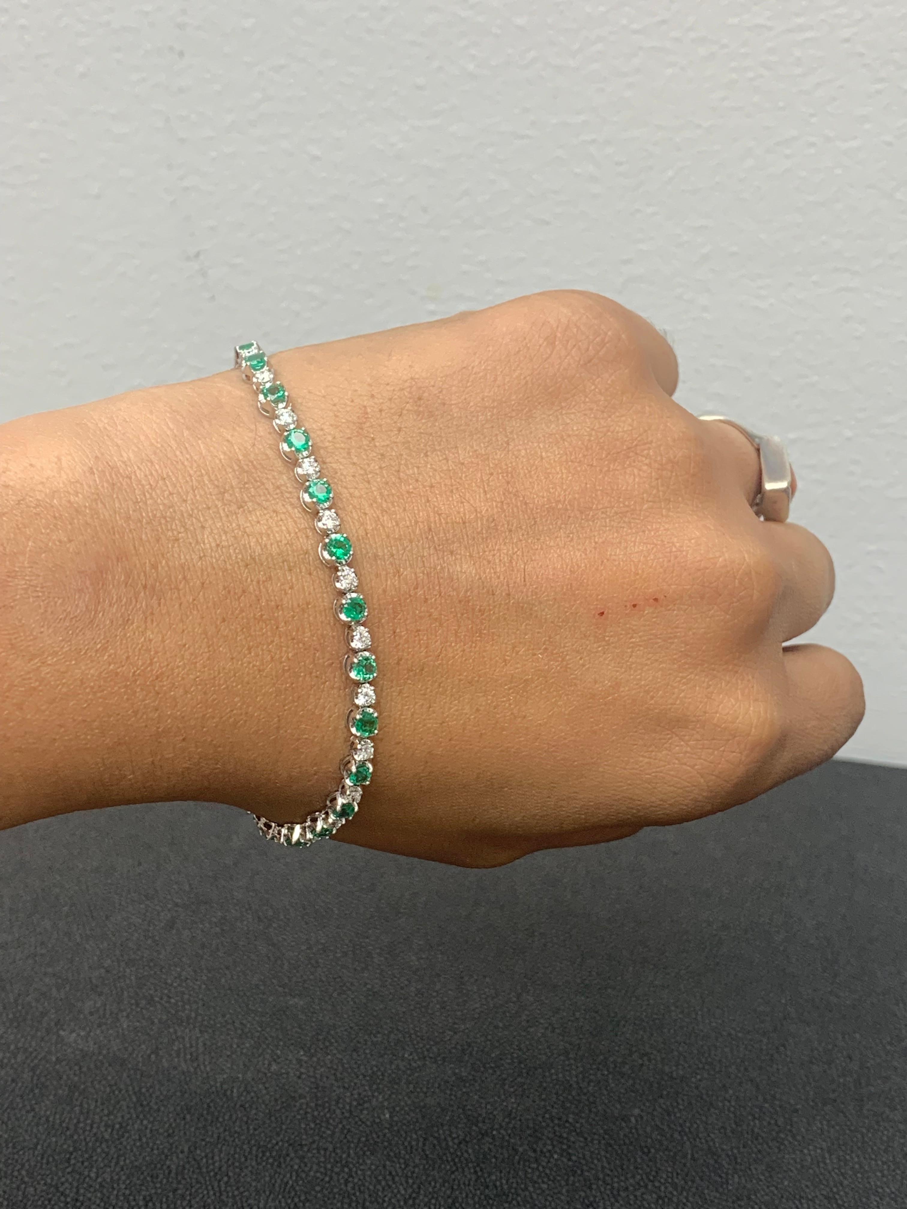 3.42 Carat Brilliant Cut Emerald and Diamond Bracelet in 14k White Gold For Sale 1