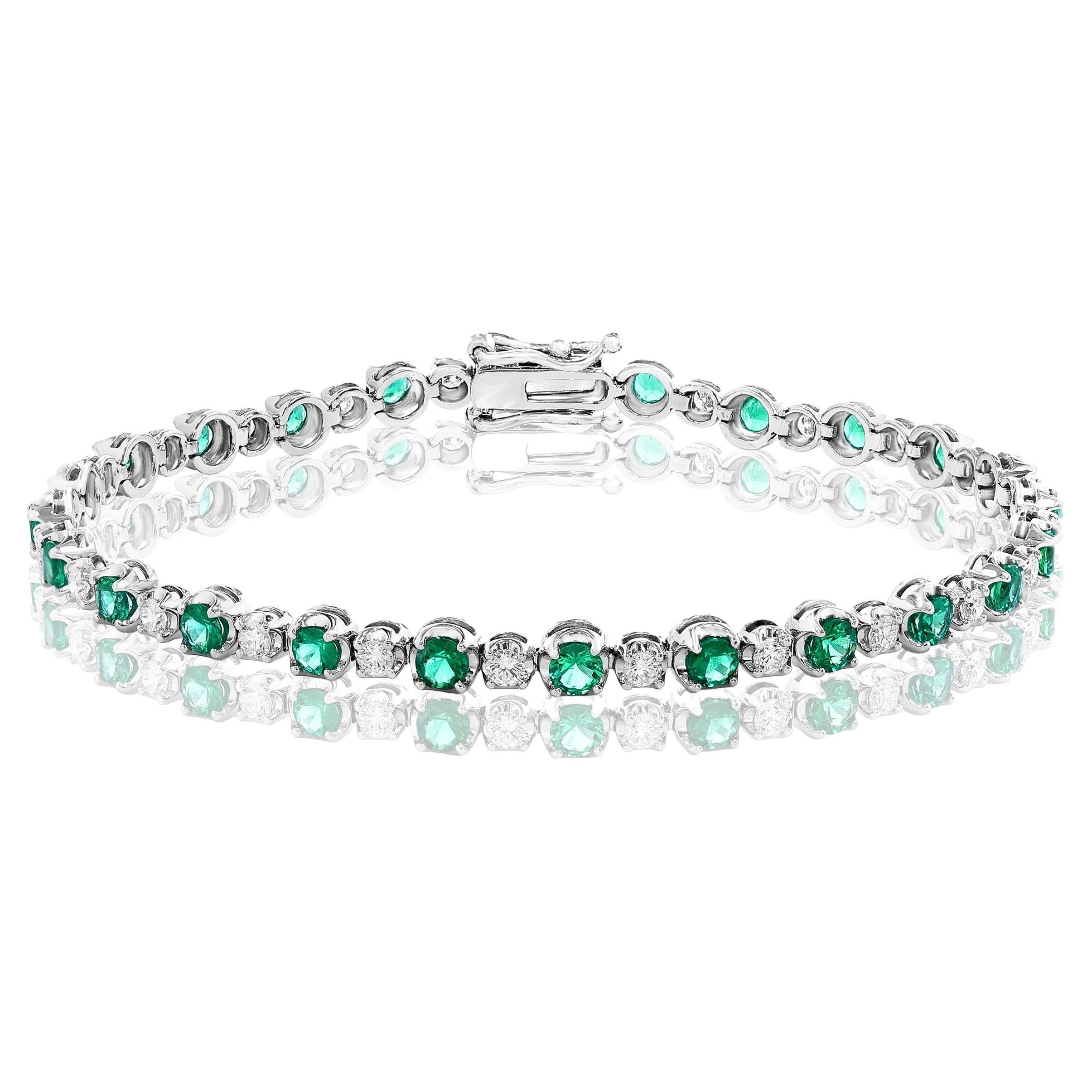 3.42 Carat Brilliant Cut Emerald and Diamond Bracelet in 14k White Gold For Sale