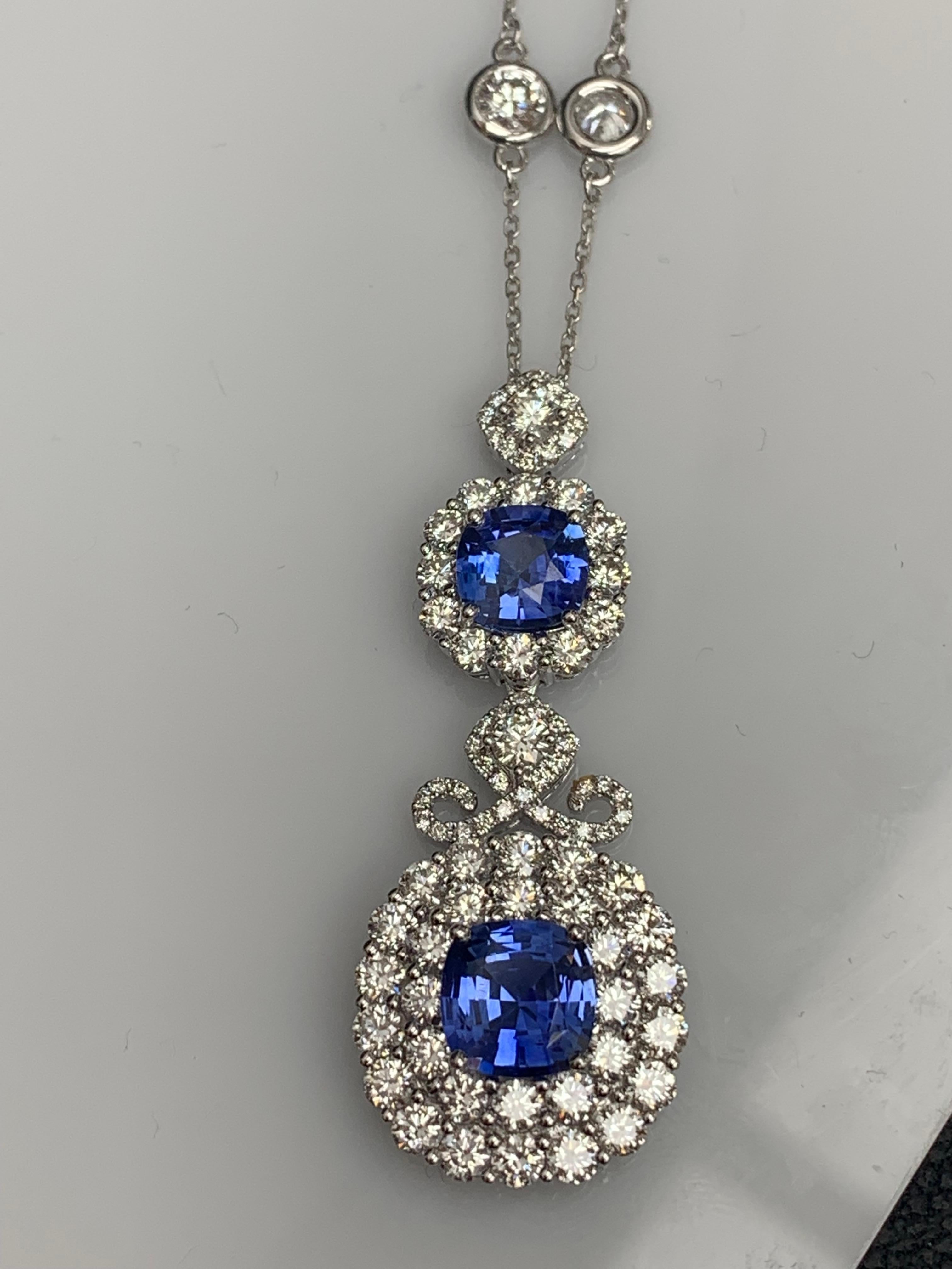 3.42 Carat Cushion Cut Blue sapphire and Diamond Halo Pendant in 18 White Gold For Sale 5