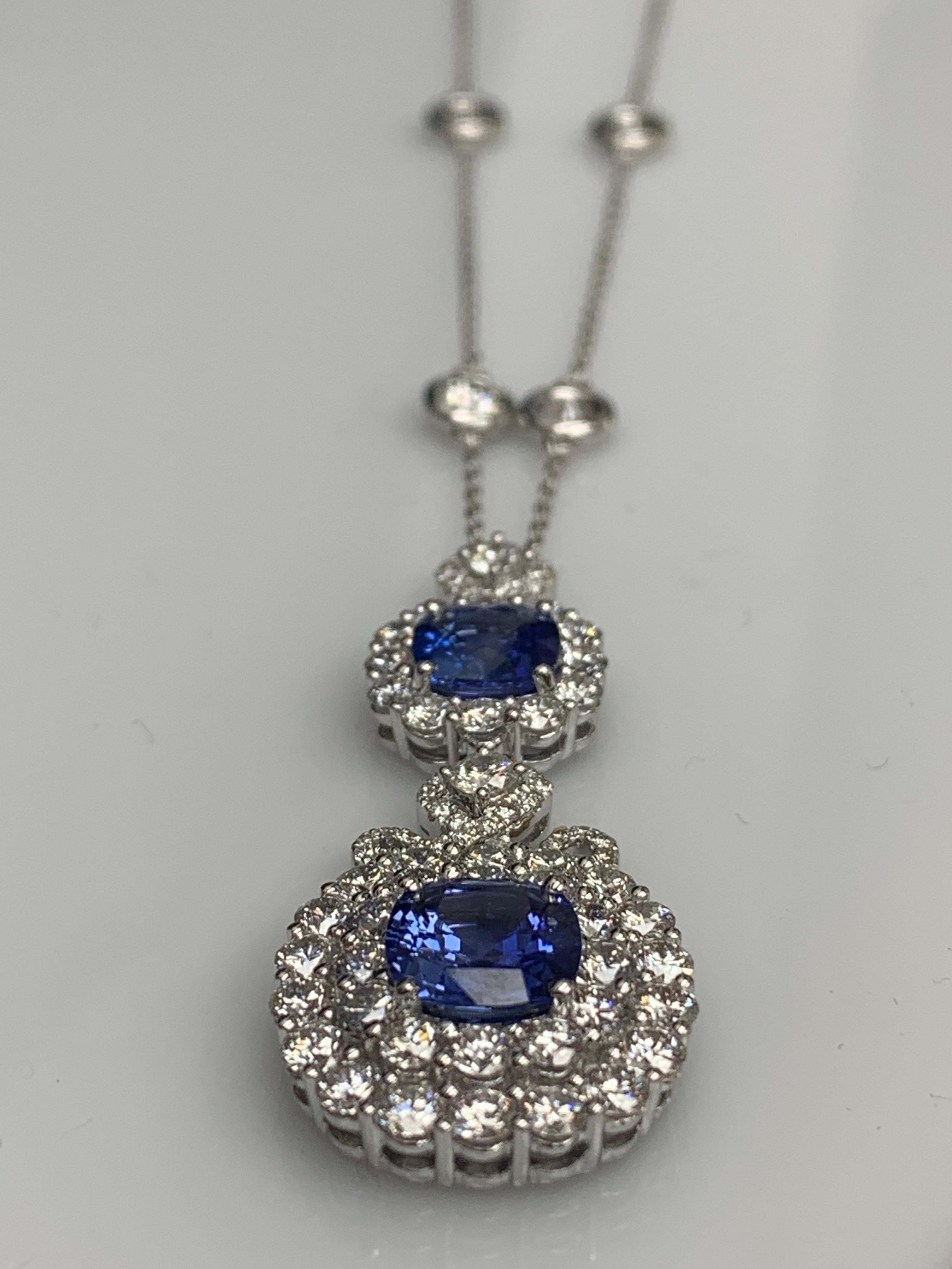 3.42 Carat Cushion Cut Blue sapphire and Diamond Halo Pendant in 18 White Gold For Sale 6