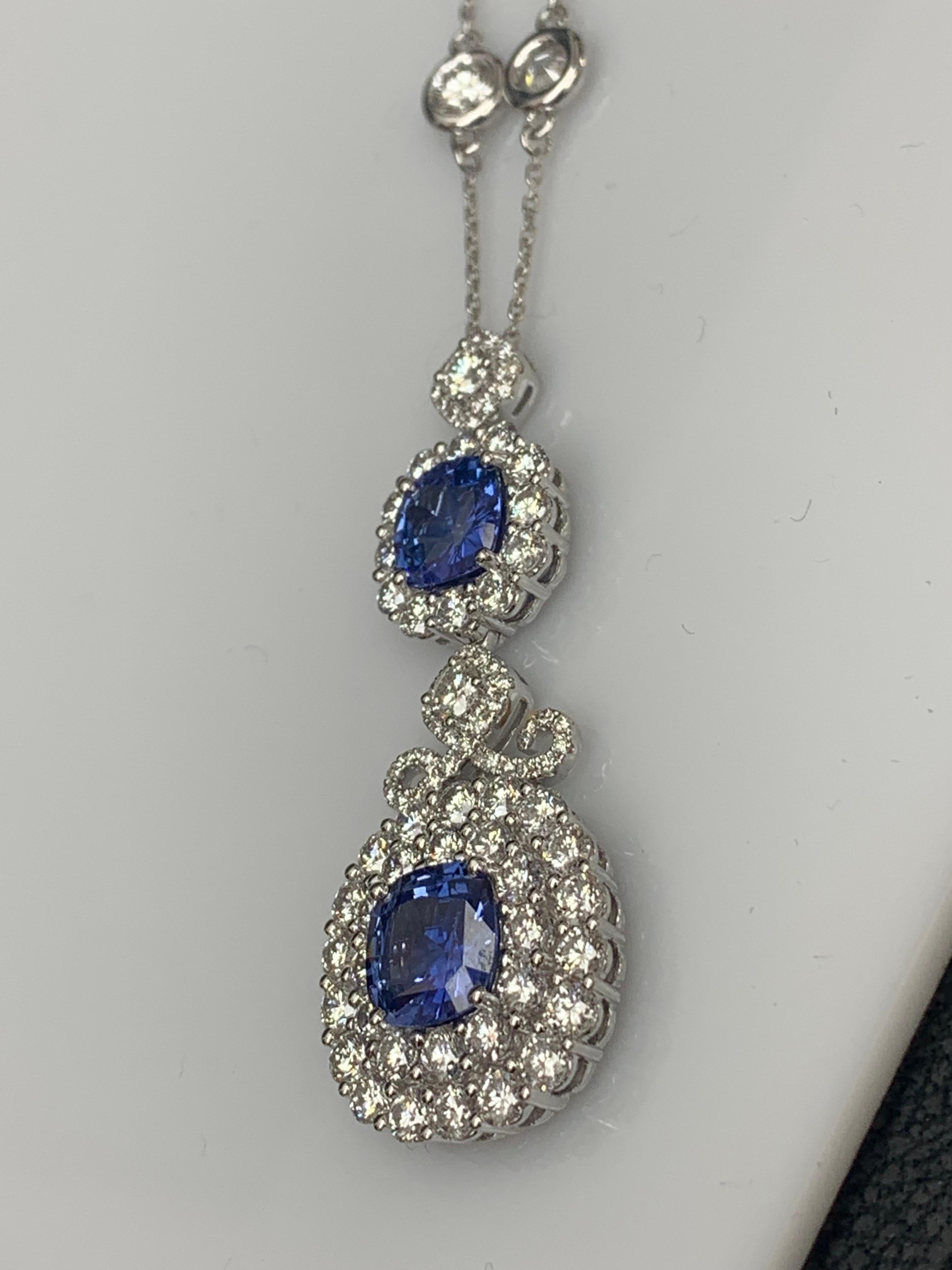 3.42 Carat Cushion Cut Blue sapphire and Diamond Halo Pendant in 18 White Gold For Sale 7