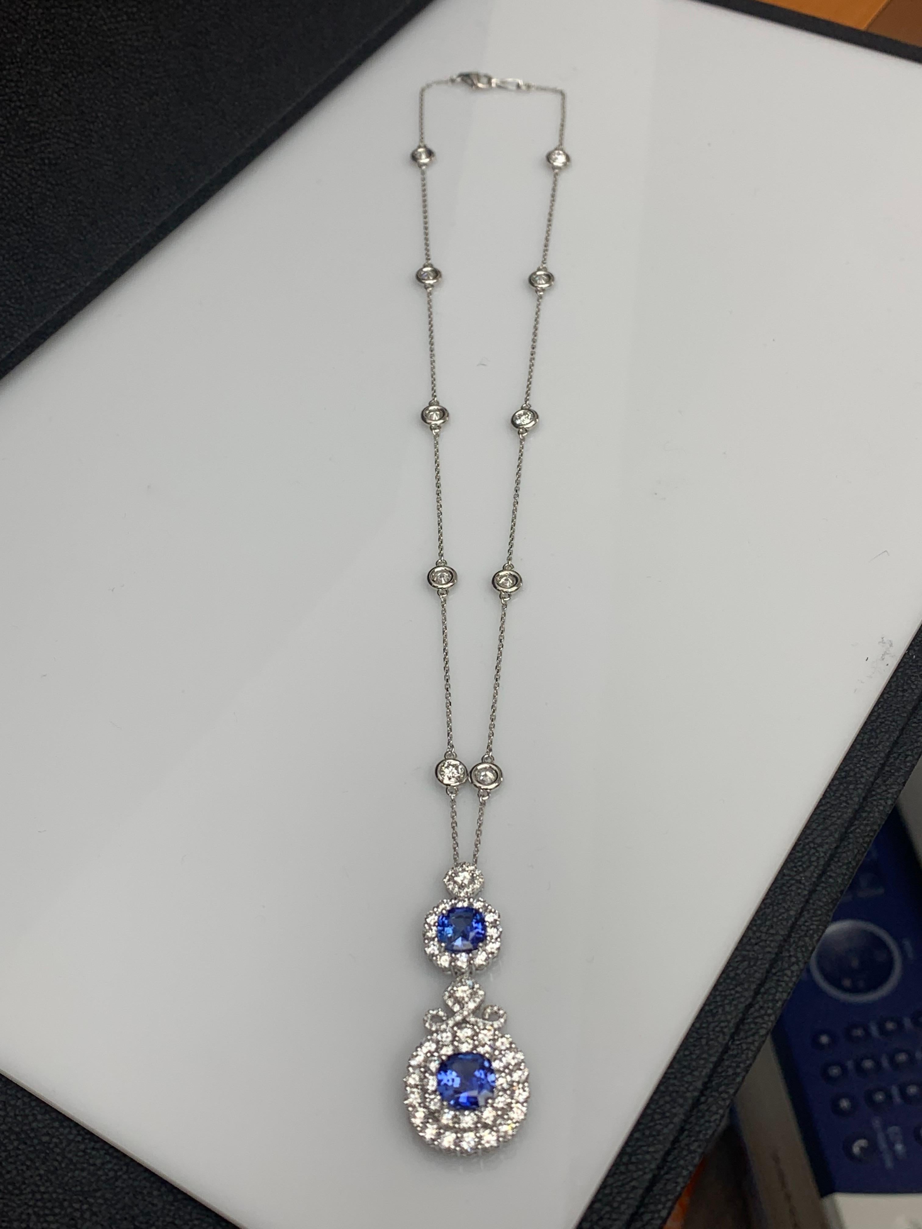 3.42 Carat Cushion Cut Blue sapphire and Diamond Halo Pendant in 18 White Gold For Sale 10