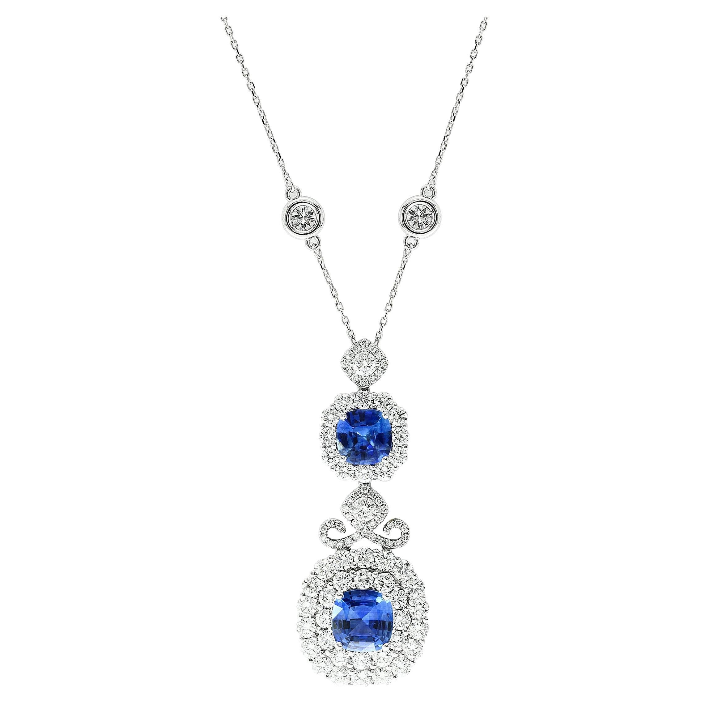 3.42 Carat Cushion Cut Blue sapphire and Diamond Halo Pendant in 18 White Gold