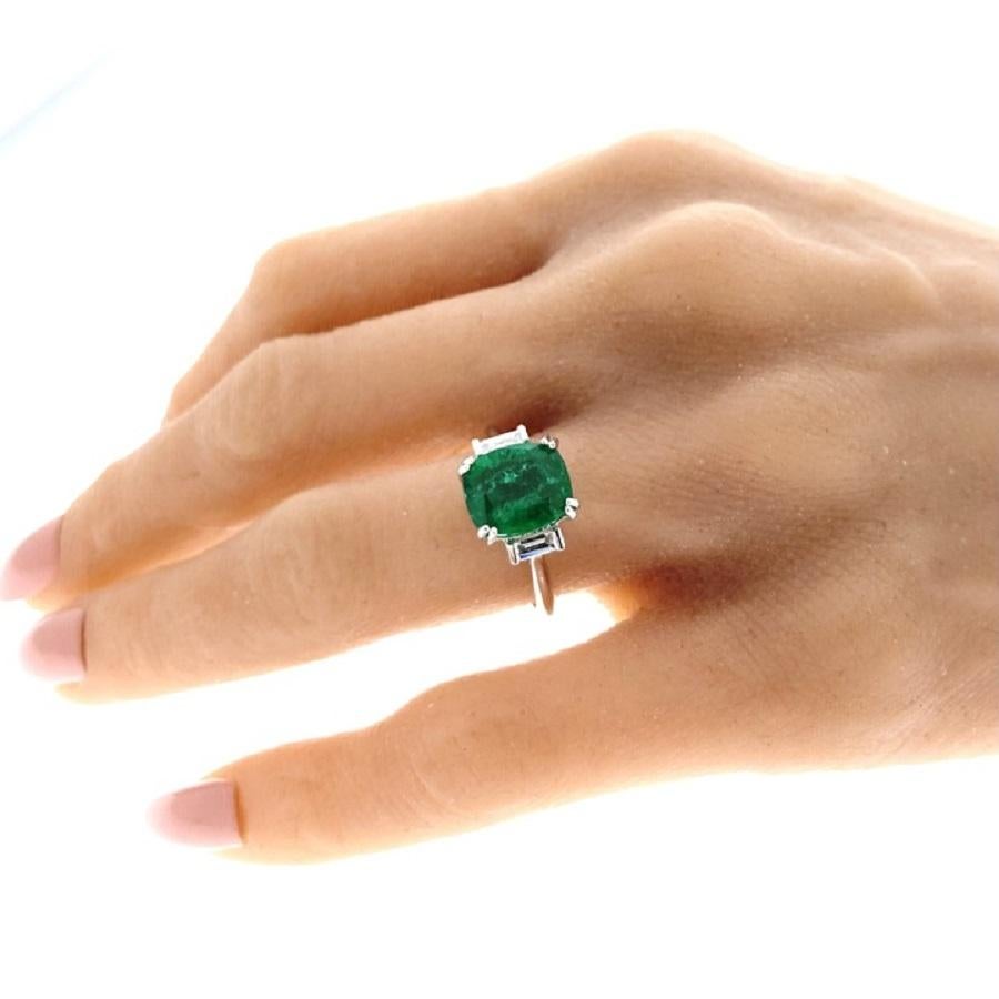 Contemporary 3.42 Carat Cushion Shape Green Emerald & Diamond Ring In 14k White Gold  For Sale
