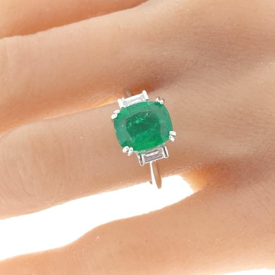 Emerald Cut 3.42 Carat Cushion Shape Green Emerald & Diamond Ring In 14k White Gold  For Sale