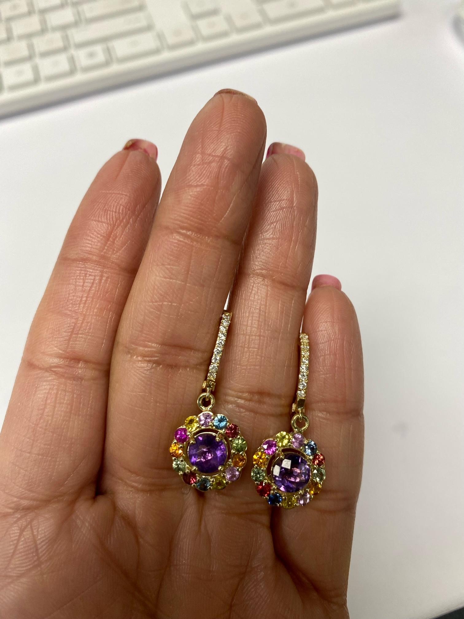 3.42 Carat Diamond Amethyst Sapphire Yellow Gold Drop Earrings For Sale 2