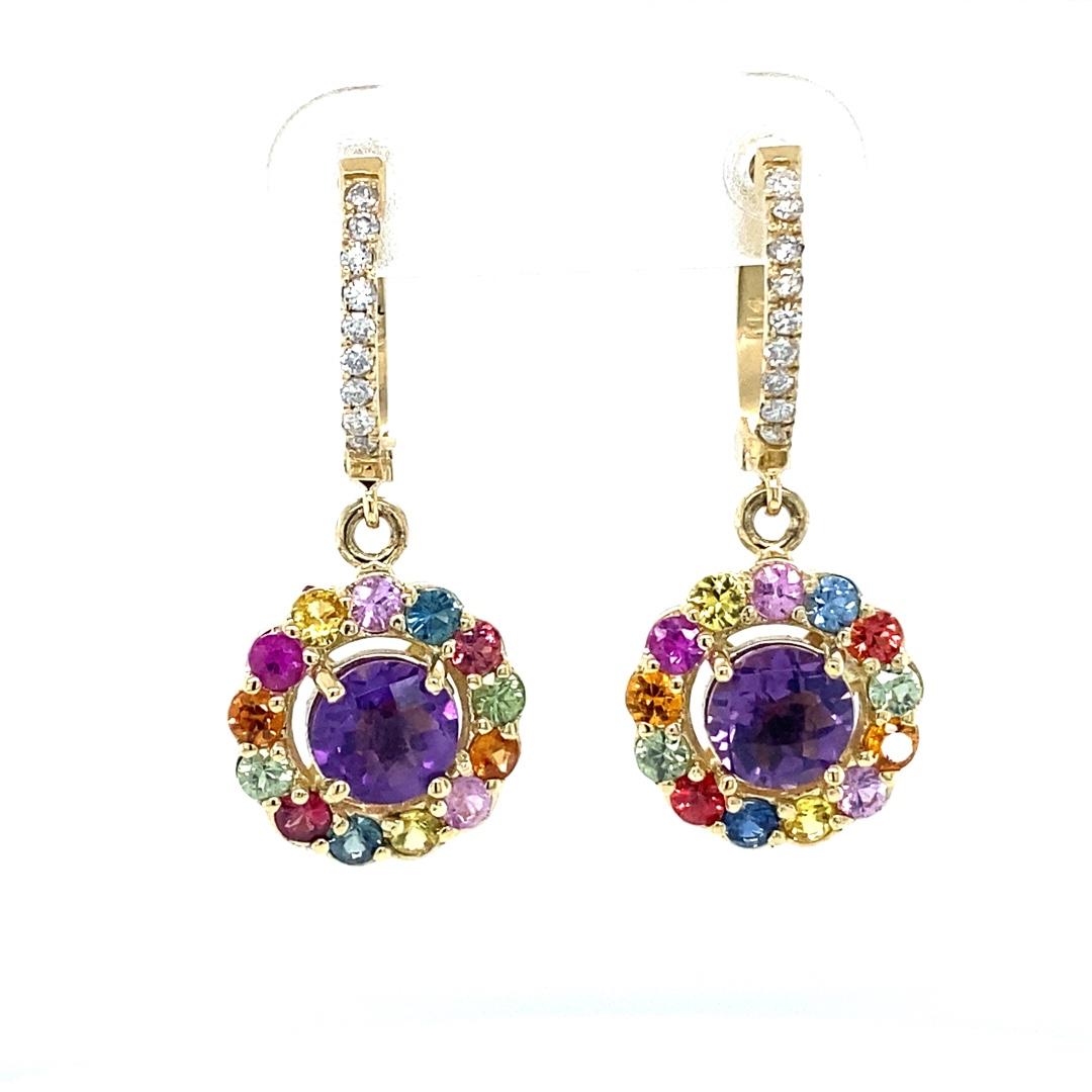 Contemporary 3.42 Carat Diamond Amethyst Sapphire Yellow Gold Drop Earrings For Sale