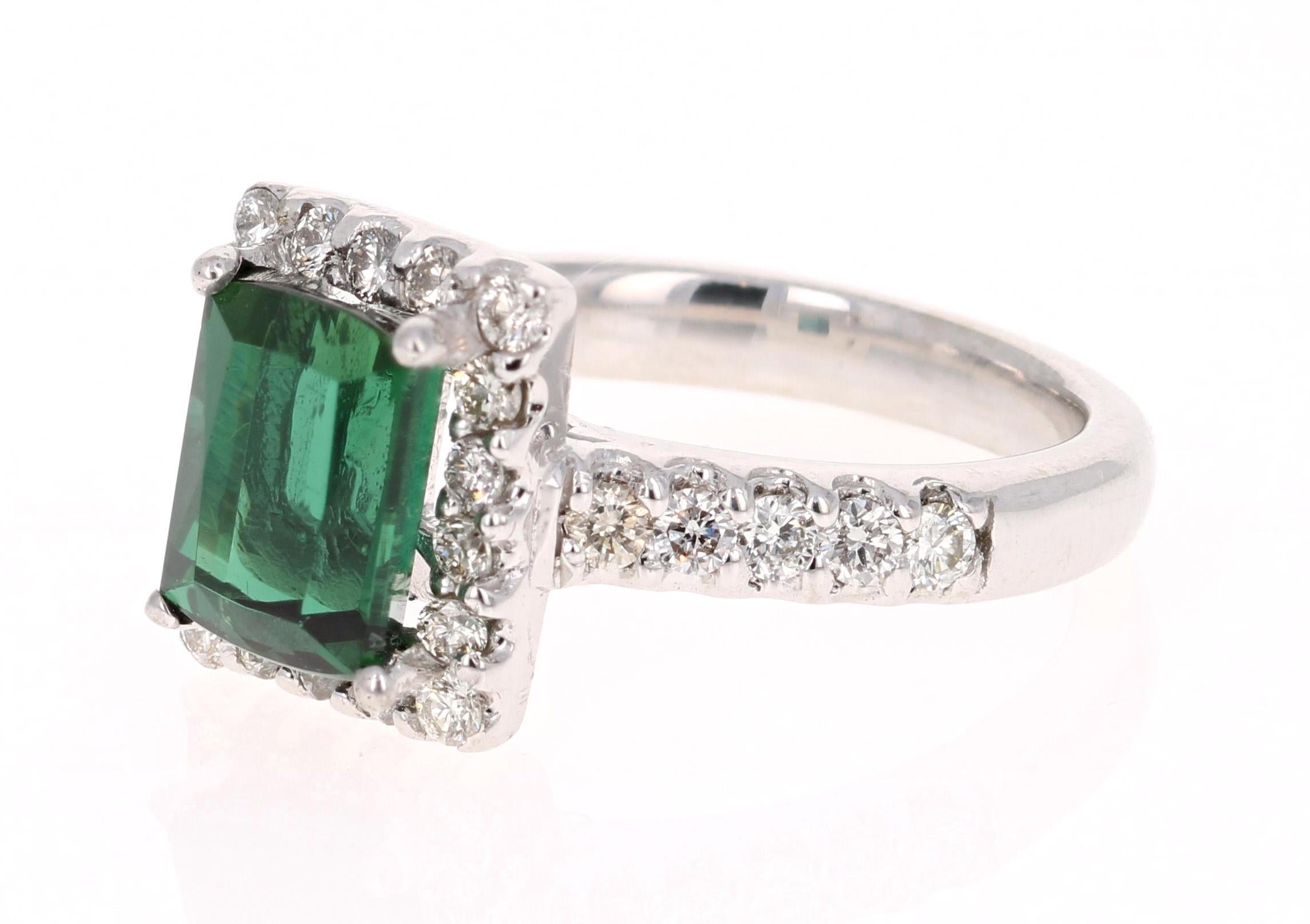 Modern 3.42 Carat Emerald Cut Green Tourmaline Diamond Cocktail Ring 