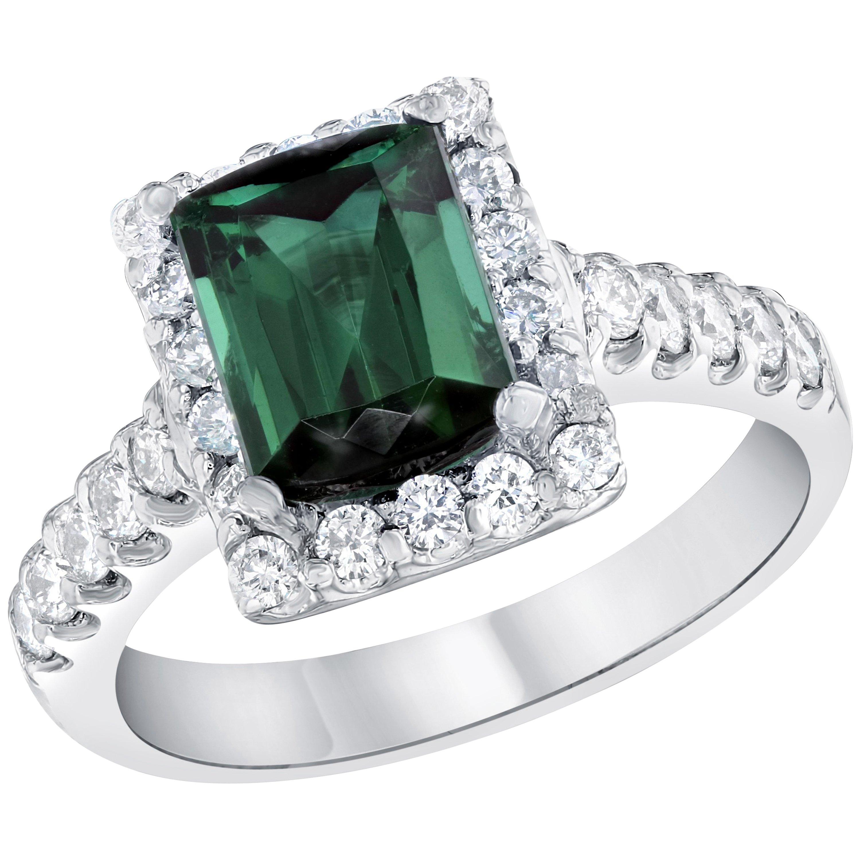 3.42 Carat Emerald Cut Green Tourmaline Diamond Cocktail Ring 