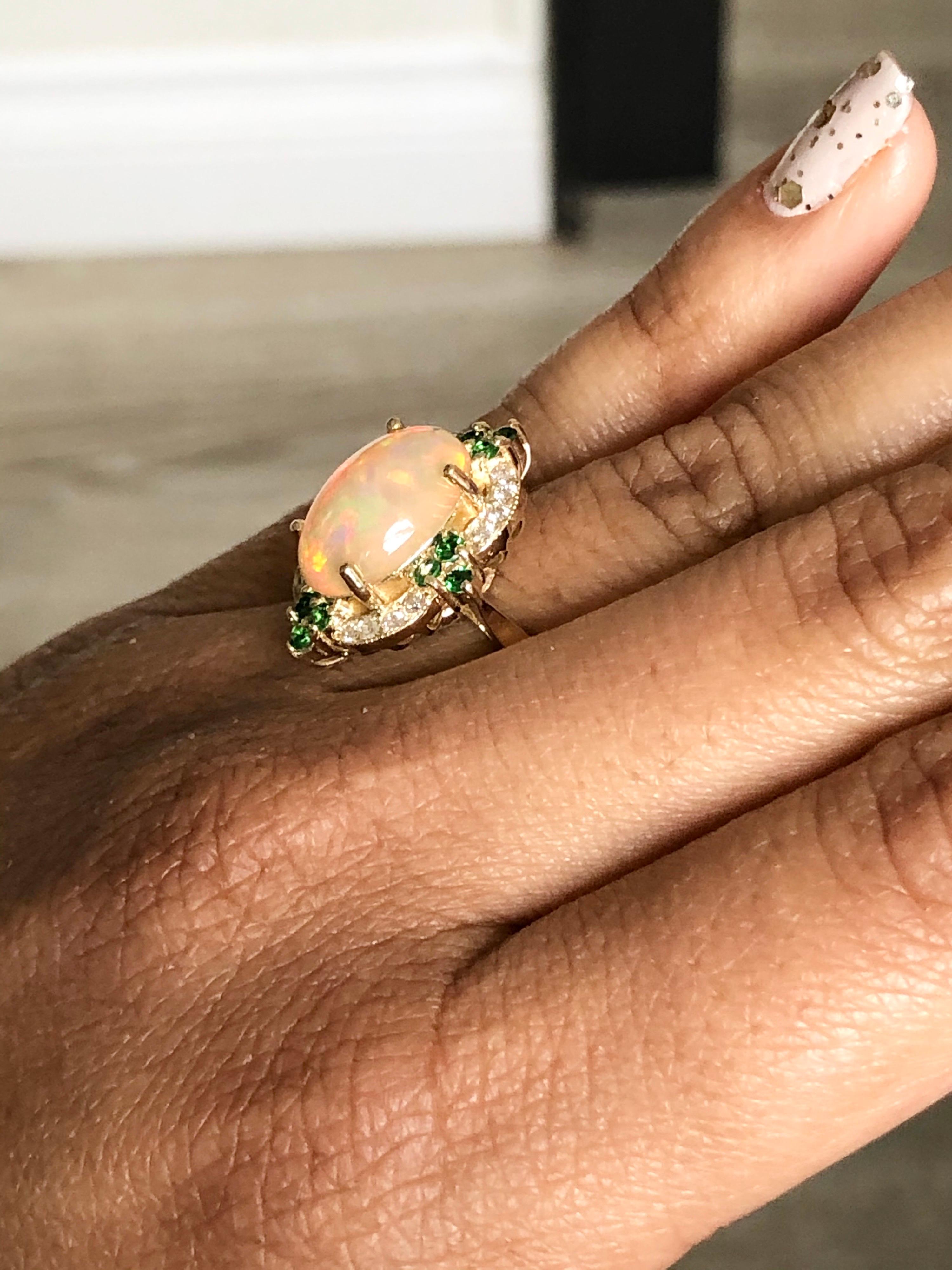 3.42 Carat Opal Tsavorite Diamond Cocktail Ring 14 Karat Yellow Gold In New Condition In Los Angeles, CA