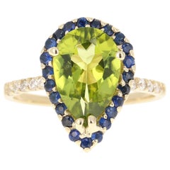 3.42 Carat Peridot Diamond Sapphire 14 Karat Yellow Gold Ring