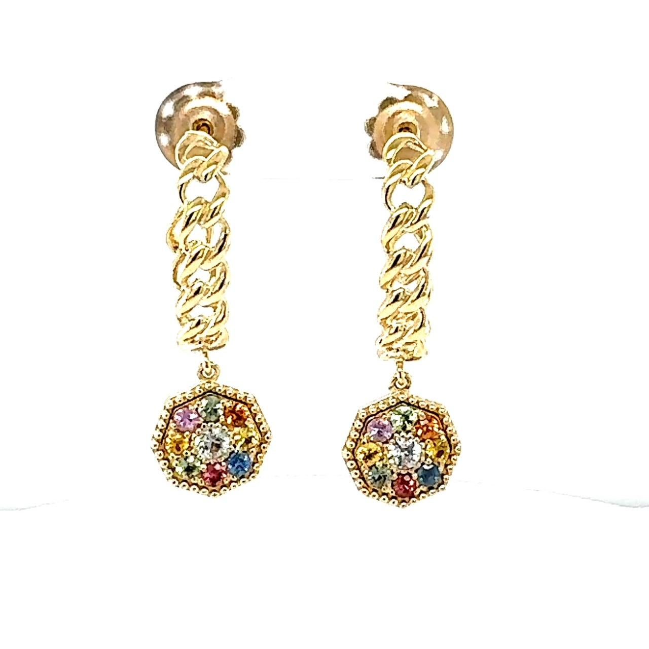 3.42 Carat Sapphire Yellow Gold Drop Earrings

These cute and vibrant Earrings have 18 Round Cut Multi-Color Sapphires that weigh 1.04 
The Earrings are about an 1.25 inch in length.
They are beautifully set in 14 Karat Yellow Gold and weigh