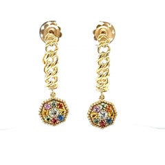 Contemporary 3.42ct Multi-Color Sapphire Drop Earrings in 14k Gold