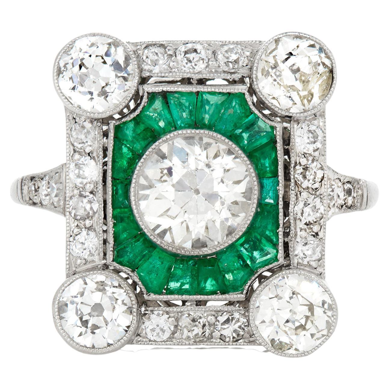3.42 Carats Art Deco Emerald and 3.42 Carats Diamond Ring in Platinum For Sale