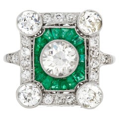 3.42 Carats Art Deco Emerald and 3.42 Carats Diamond Ring in Platinum