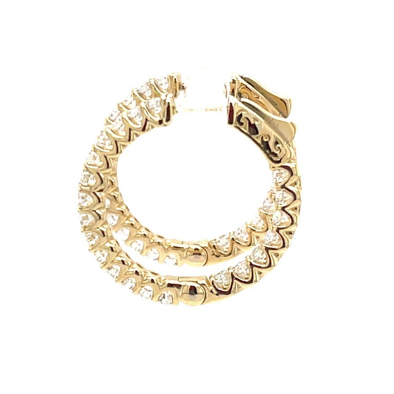 Round Cut 3.42 Carats Diamond Hoop Earrings in 14k Yellow Gold For Sale