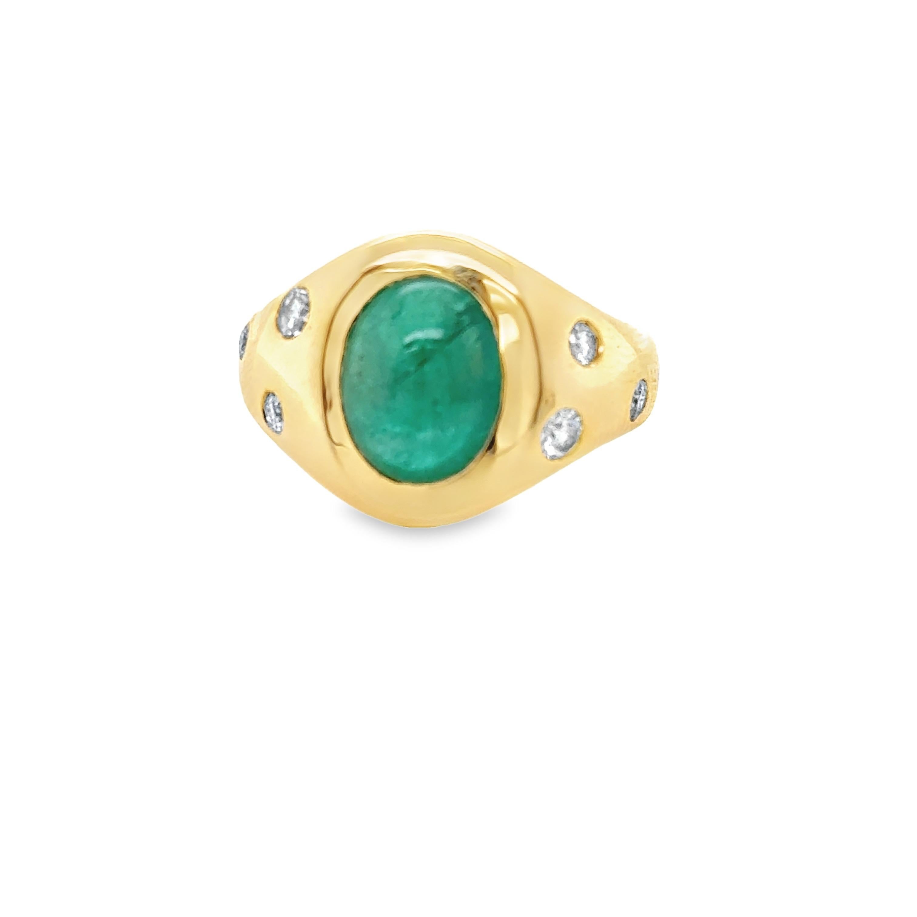 Beautiful Oval Cabochon Emerald & Diamond Cocktail Ring features a 3.42 carats Natural Beryl Oval Vivid Green Zambian Cabochon Emerald with 7 Round Brilliant shape Diamonds set in 18k Yellow Gold.

 Total diamond weight is 0.39 carats. Ring size is
