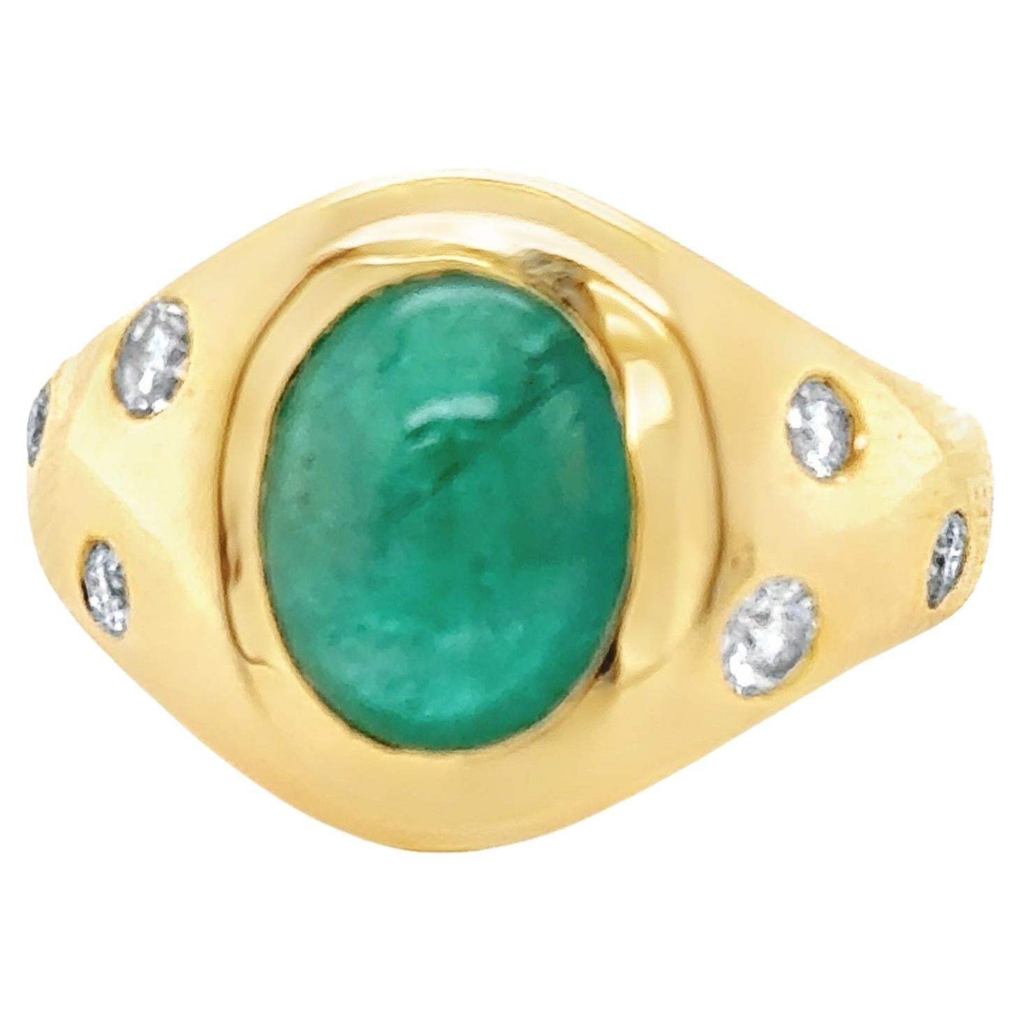 3.42 Carats Oval Cabochon Emerald & Diamond Ring For Sale