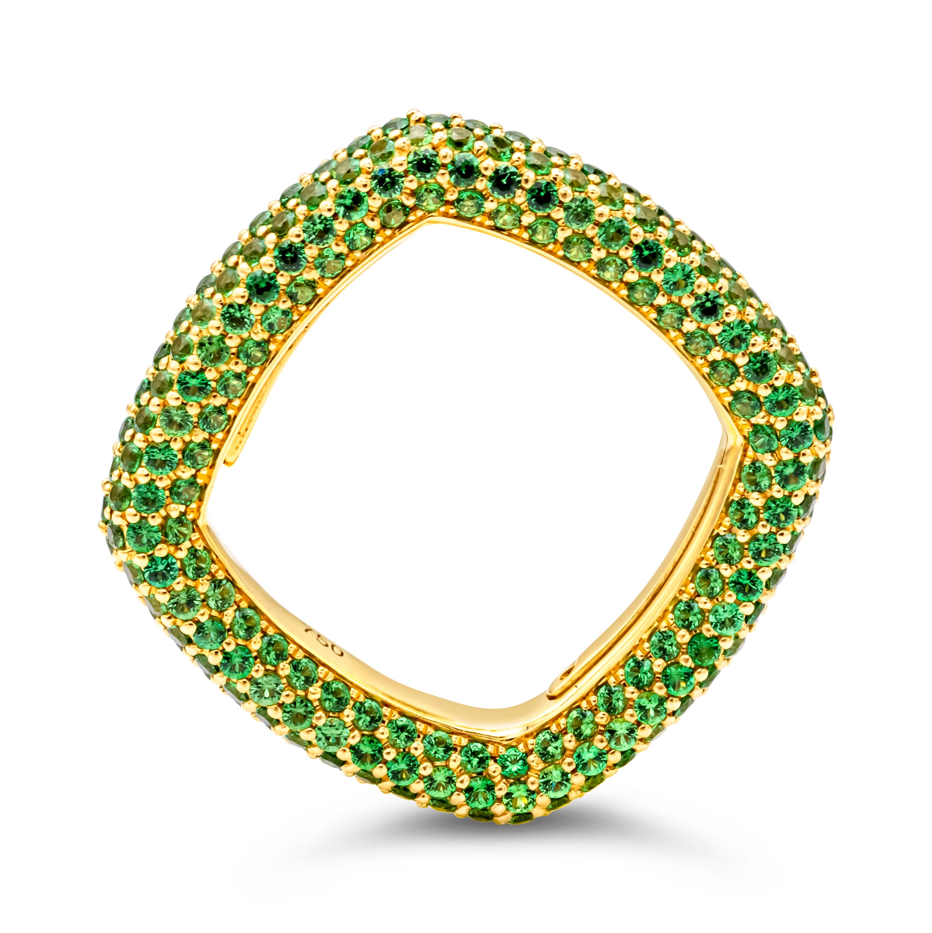 This fashionable and color-rich fashion ring showcases 340 brilliant round green garnet (tsavorite) weighing 3.42 carats total, set in a beautiful square micro-pave design and shared prong setting. Finely made in 18k Yellow Gold. Size 6.75 US