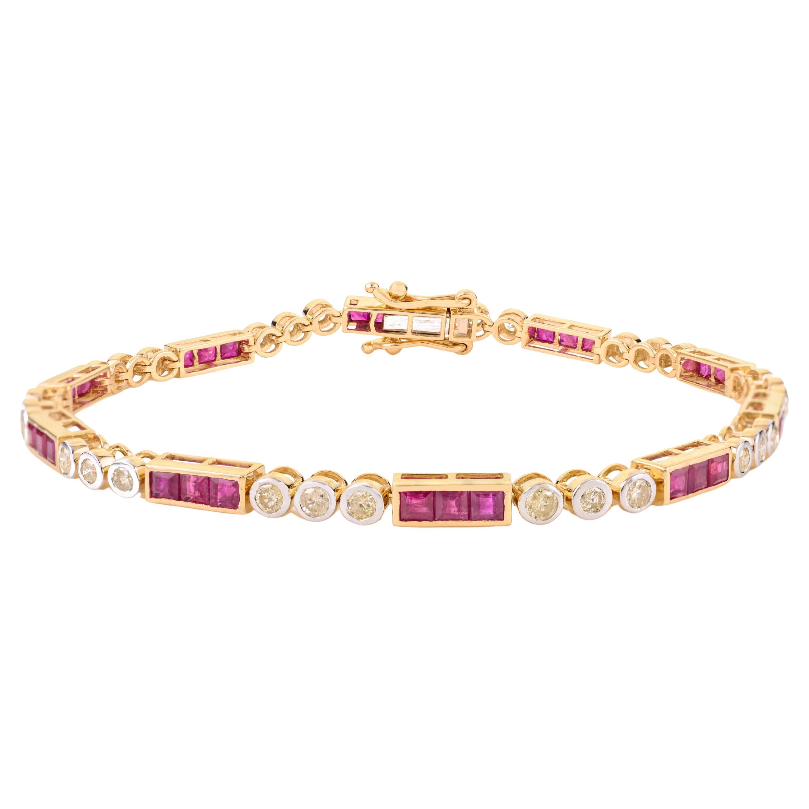 3.42 Ct Square Cut Natural Ruby 
Diamond Tennis Bracelet in 14K Yellow Gold