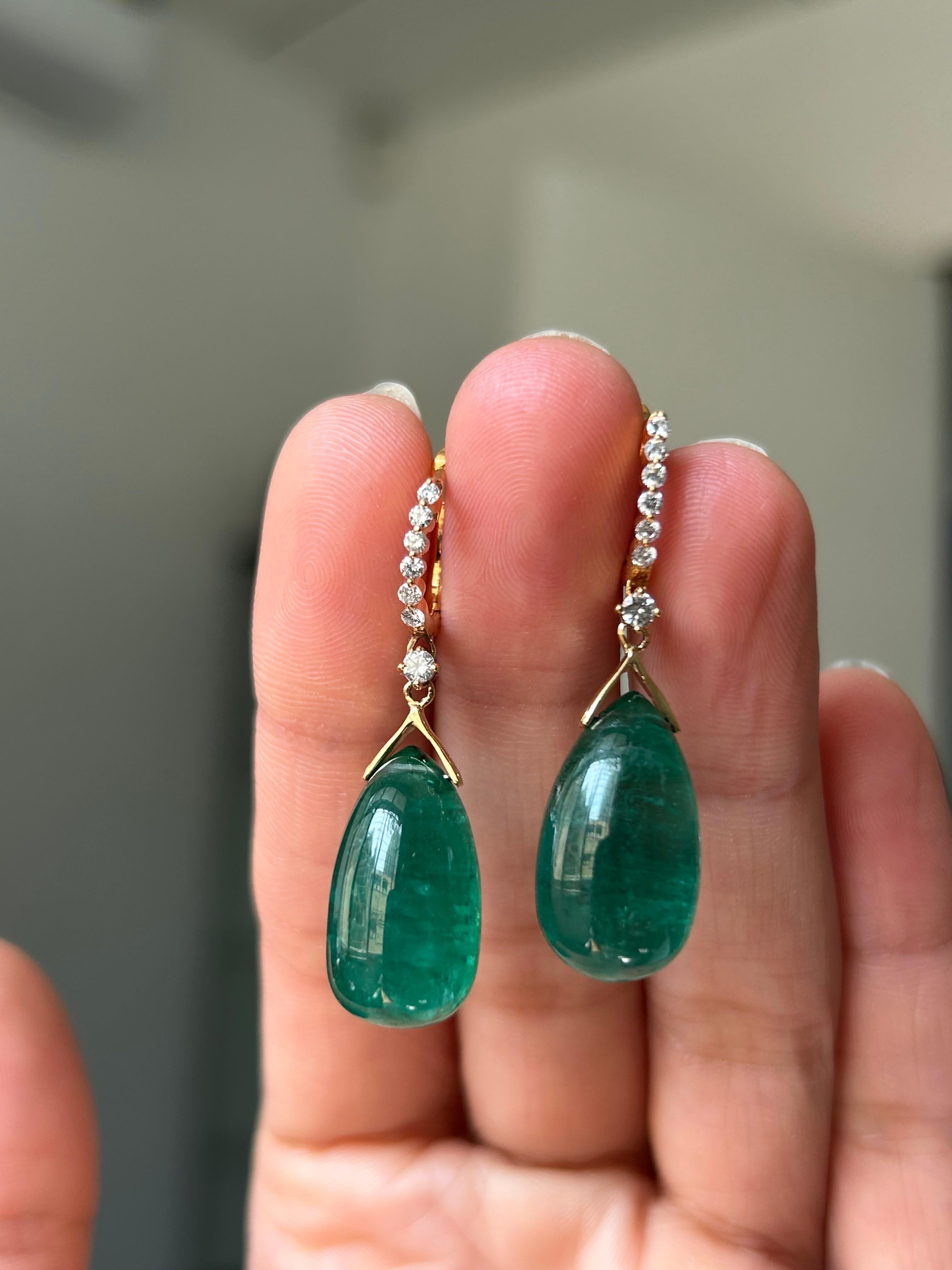 Emerald Cut 34.24 Carat Emerald Cabochon Drop and Diamond Dangle Earrings in 18k Gold For Sale