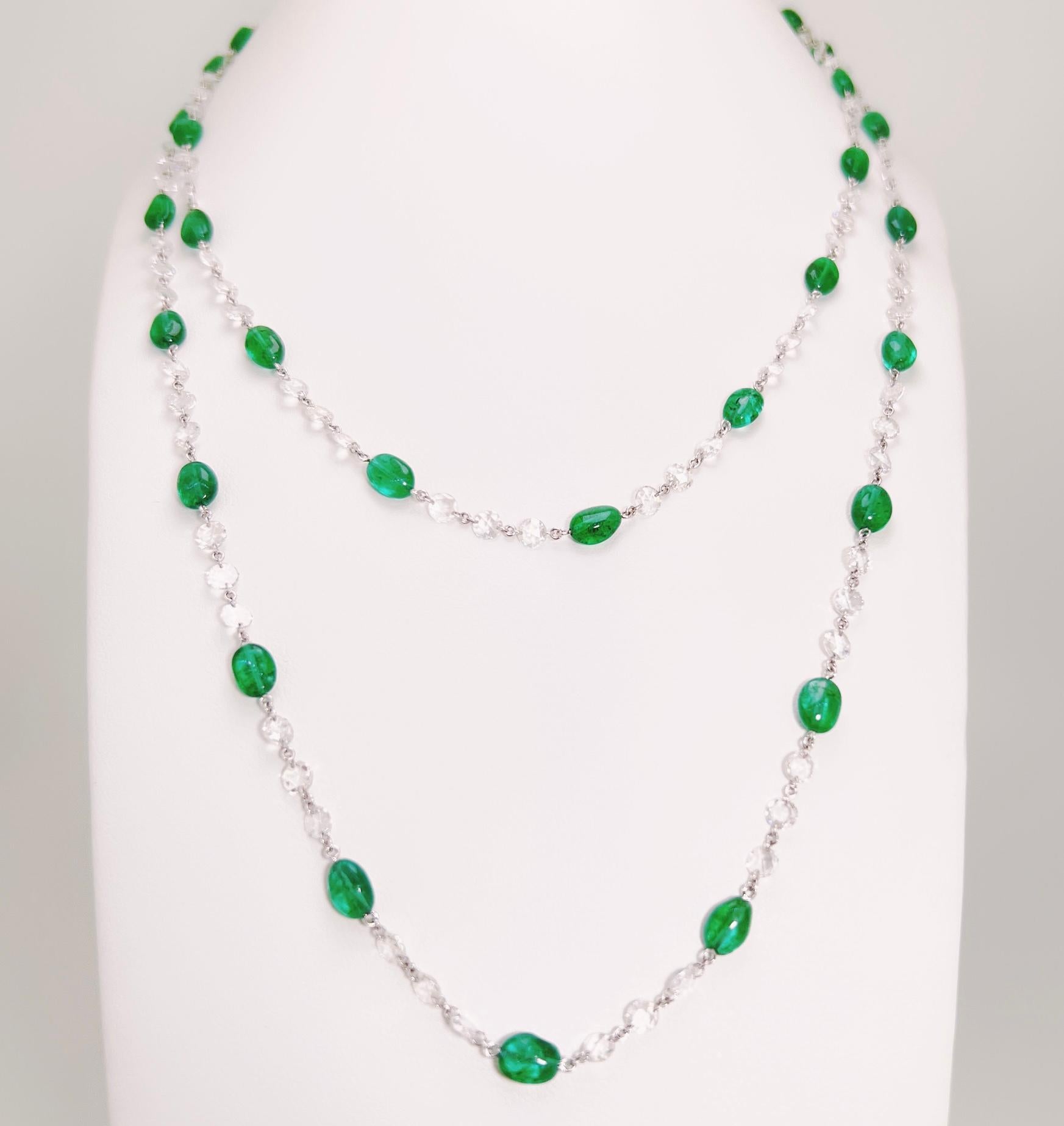 This is a stunning Emerald and Rose Cut Diamond Necklace weighing 34.24 carats in total.  This remarkable piece is so versatile - it can be worn as a long necklace or wrapped twice around the neck or even as bracelet.  Lively, radiant and lush