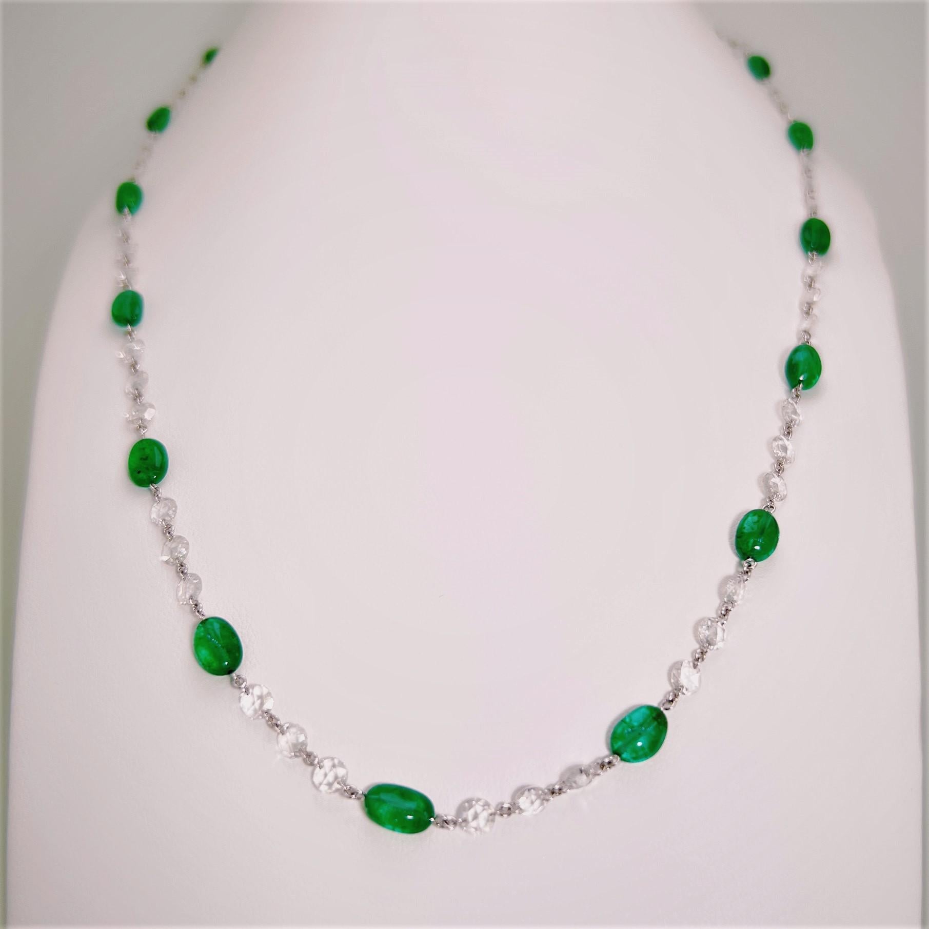 Uncut 34.24 Carat Emerald & Rose Cut Diamond Necklace / Bracelet on 18K White Gold For Sale