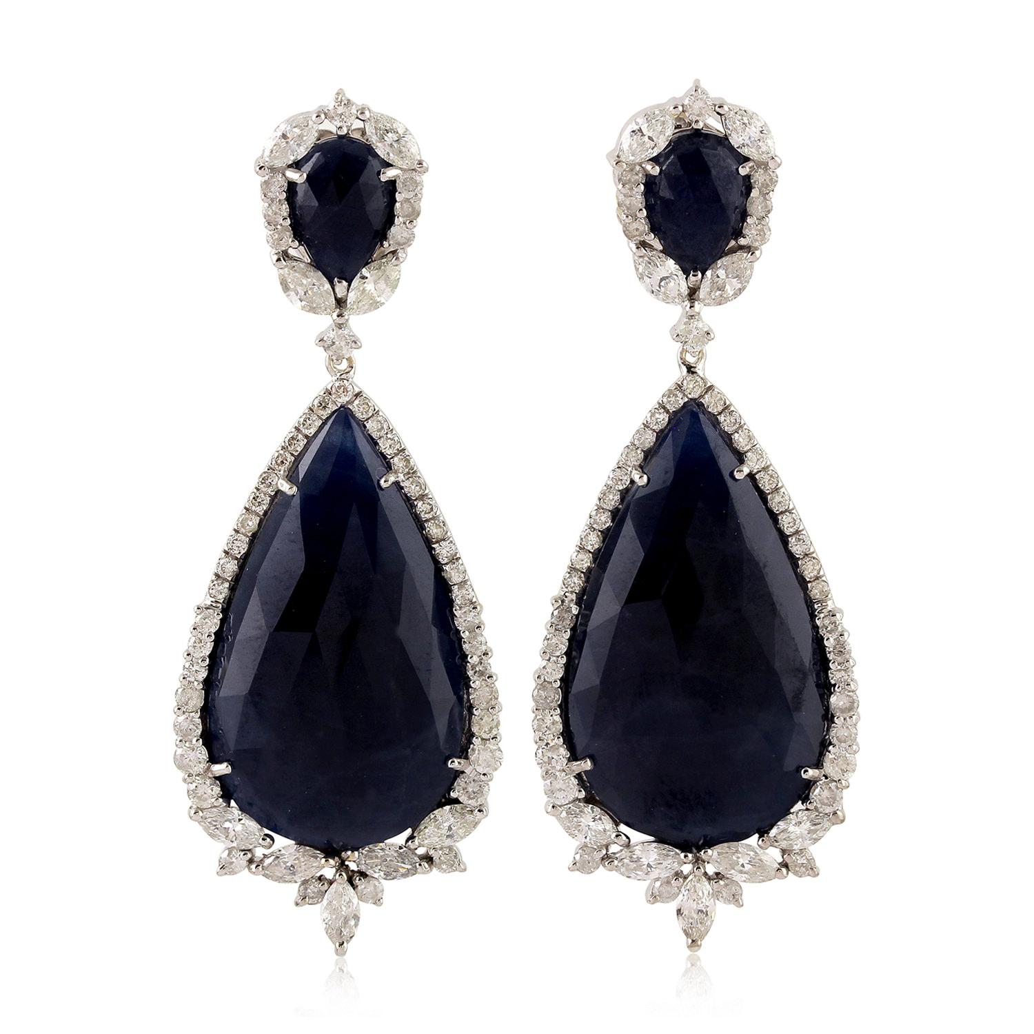 Rose Cut 34.29 Carat Blue Sapphire Diamond 18 Karat Gold Earrings For Sale